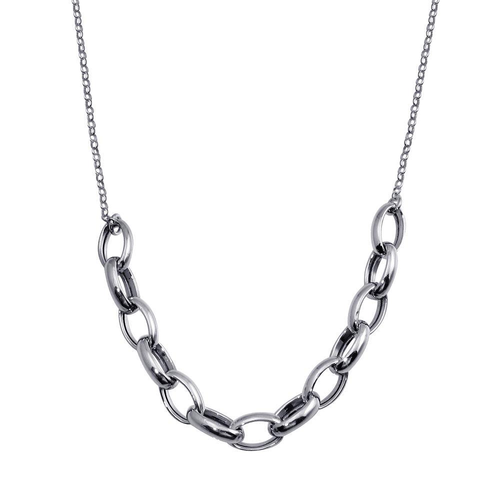 Rhodium Plated 925 Sterling Silver Large Oval Link Center Necklace - ITN00142-RH | Silver Palace Inc.