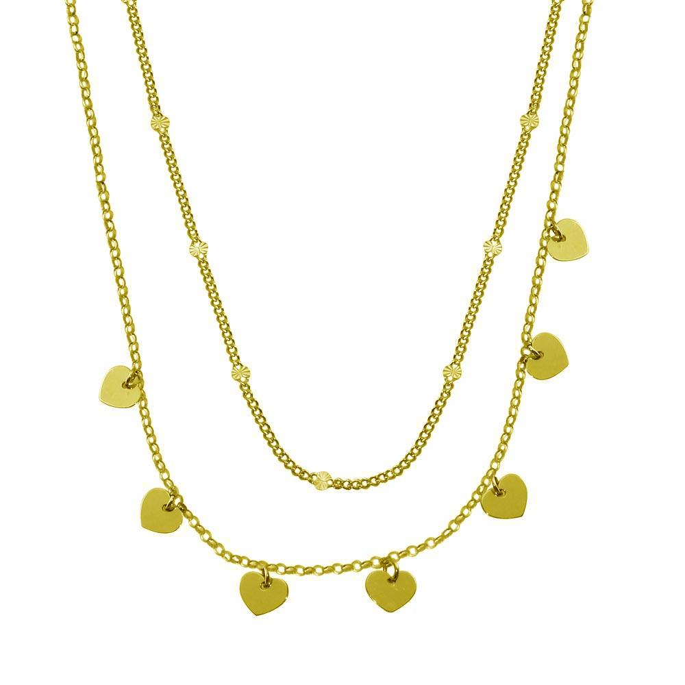 Silver 925 Gold Plated Multi Chain Dangling Heart Charm Necklace - ITN00143-GP | Silver Palace Inc.