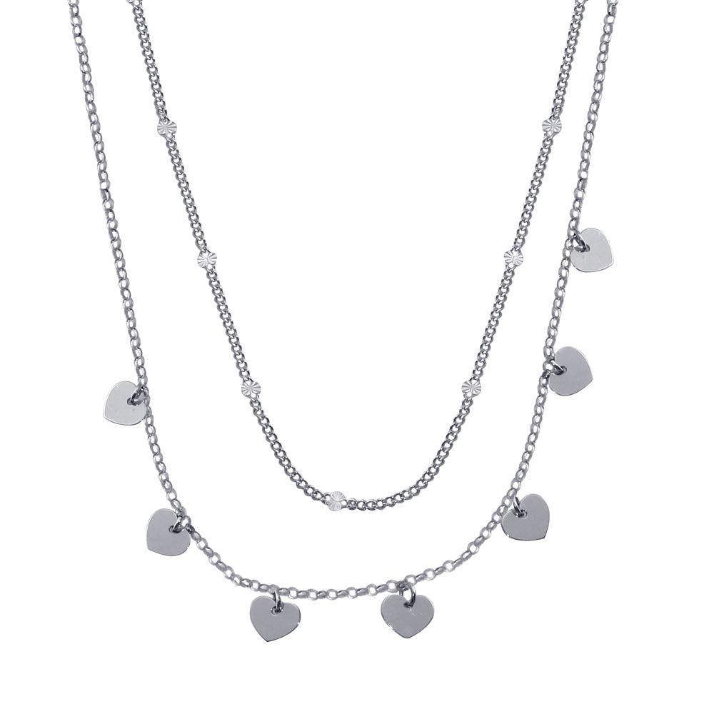 Rhodium Plated 925 Sterling Silver Multi Chain Dangling Heart Charm Necklace - ITN00143-RH | Silver Palace Inc.