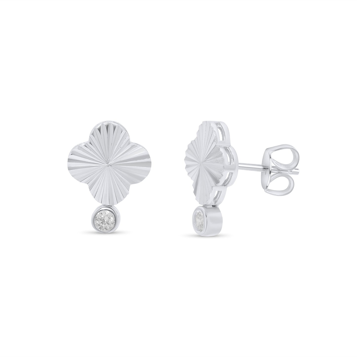 Sterling Silver Rhodium Plated Diamond Cut Clover Clear CZ Stud Earring - JTE00003