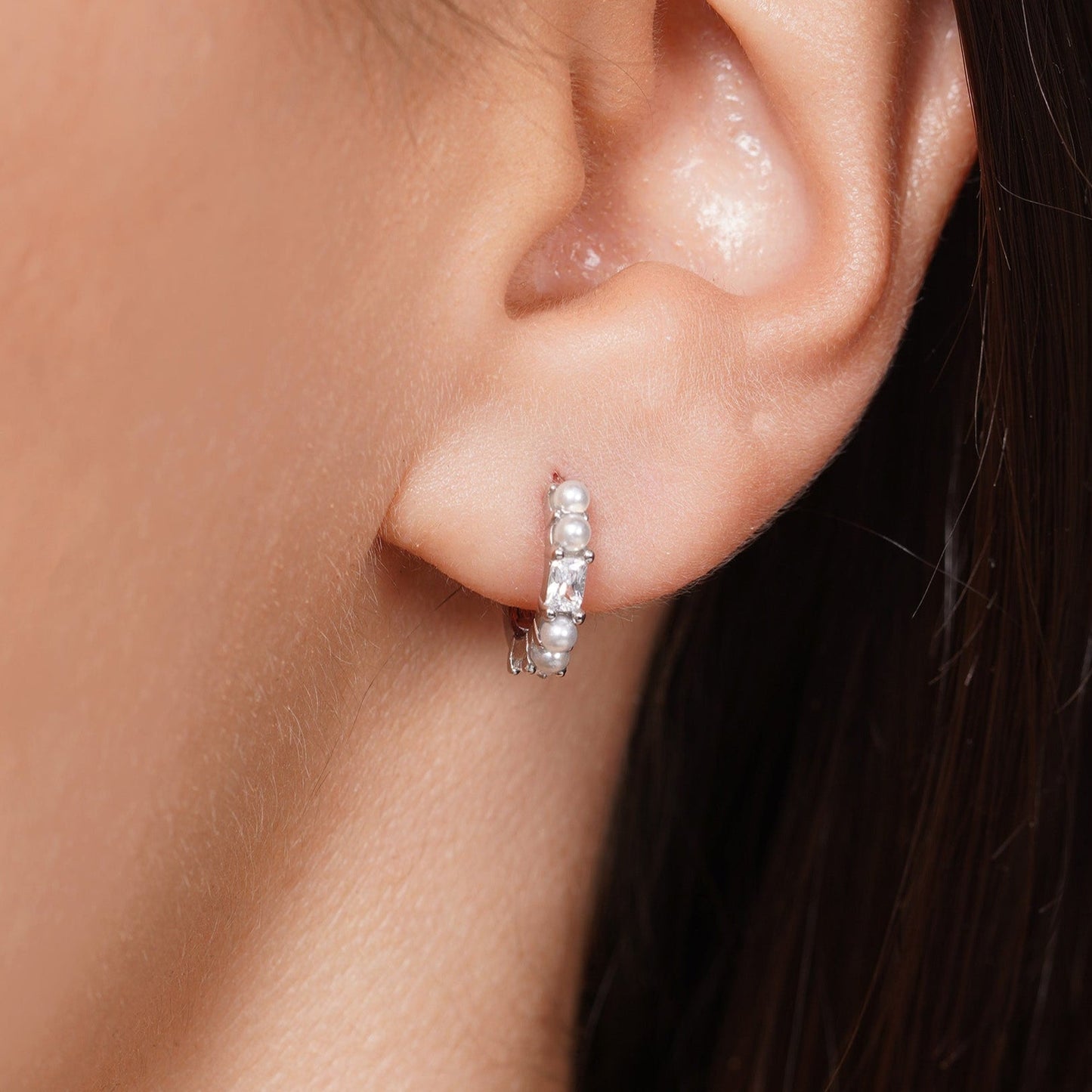 Sterling Silver Rhodium Plated Synthetic Pearl Baguette Clear CZ Hoop Earring - JTE00004