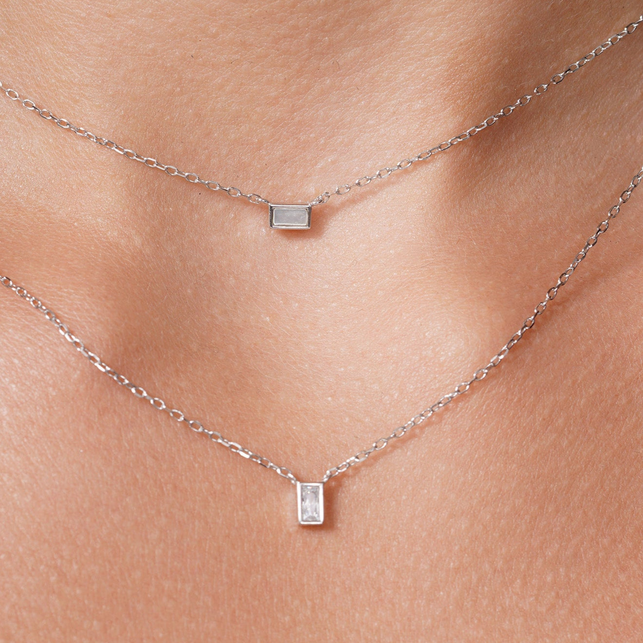 Rhodium Plated 925 Sterling Silver Layered Double Strand Baguette CZ Charm Adjustable Necklace - JTN00001