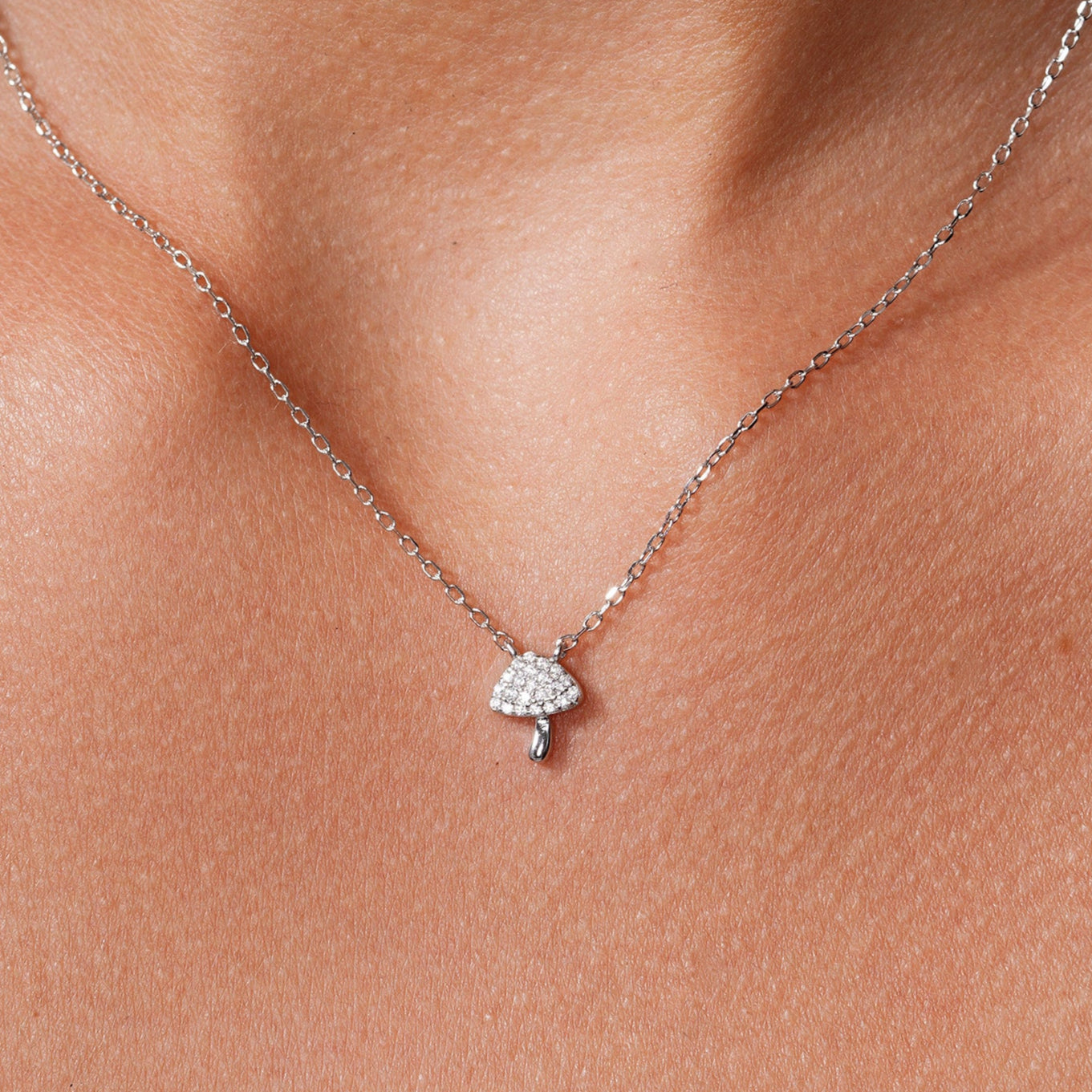 Rhodium Plated 925 Sterling Silver Mushroom Charm Adjustable Necklace - JTN00003