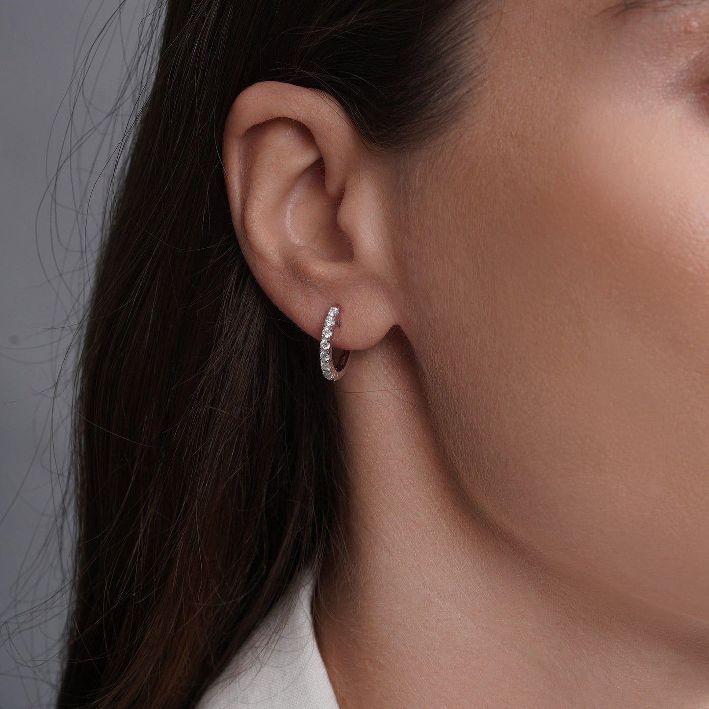 Rhodium Plated 925 Sterling Silver Huggie Moissanite Studded 12.5mm Hoop Earring - MDGE00005