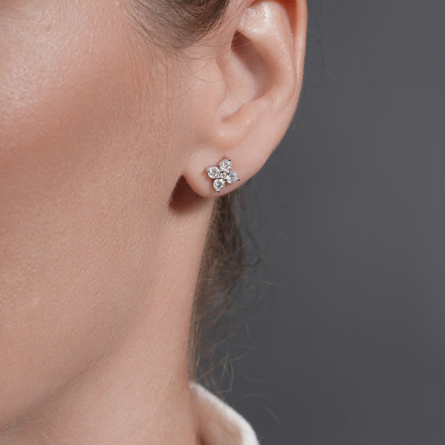 Rhodium Plated 925 Sterling Silver Flower Moissanite Studded 7mm Stud Earring - MDGE00009