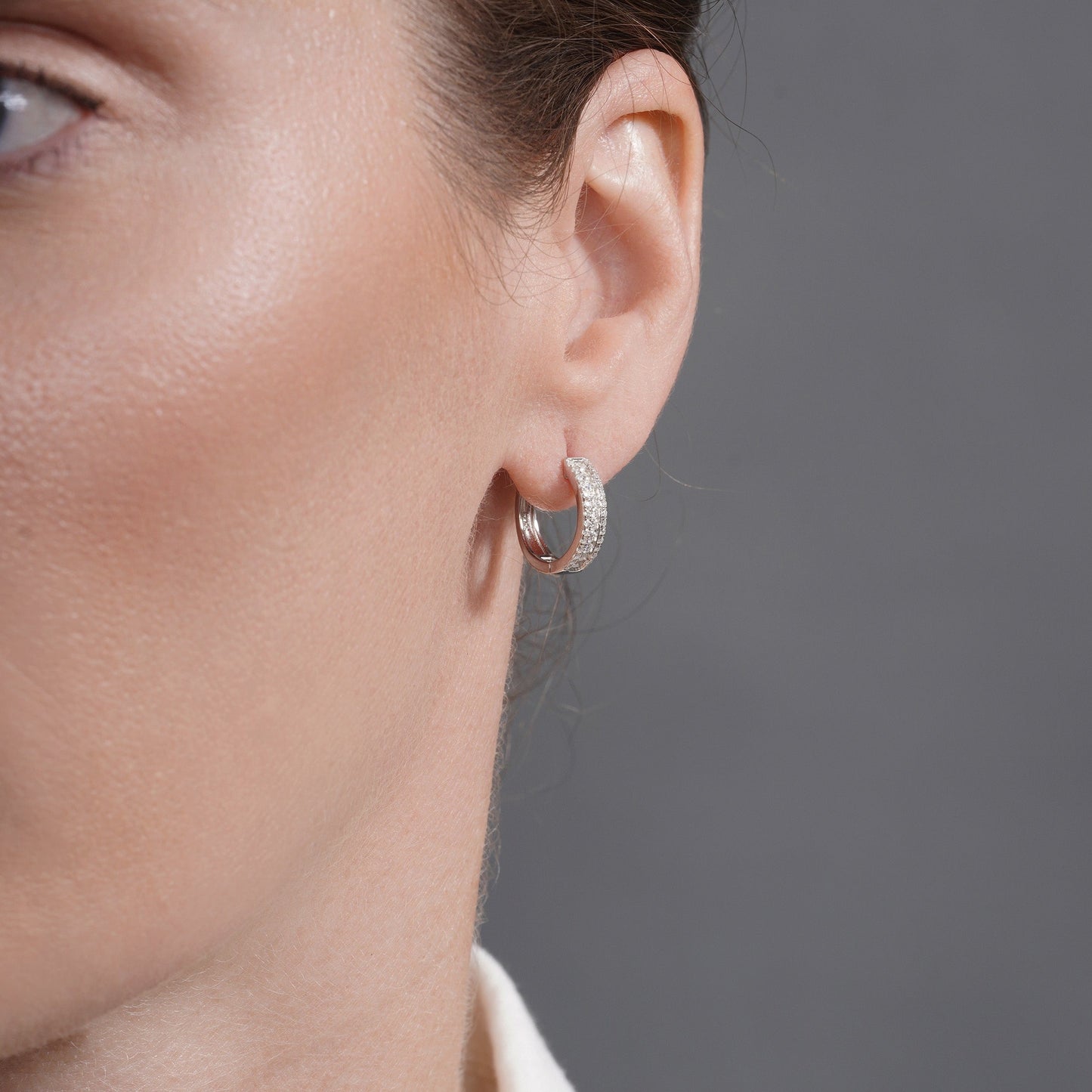 Rhodium Plated 925 Sterling Silver Moissanite Studded 12.5mm Hoop Earring - MDGE00012