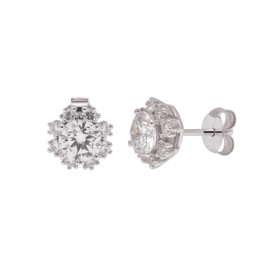Rhodium Plated 925 Sterling Silver Moissanite Sparkling Halo 8.6mm Stud Earring - MDGE00017