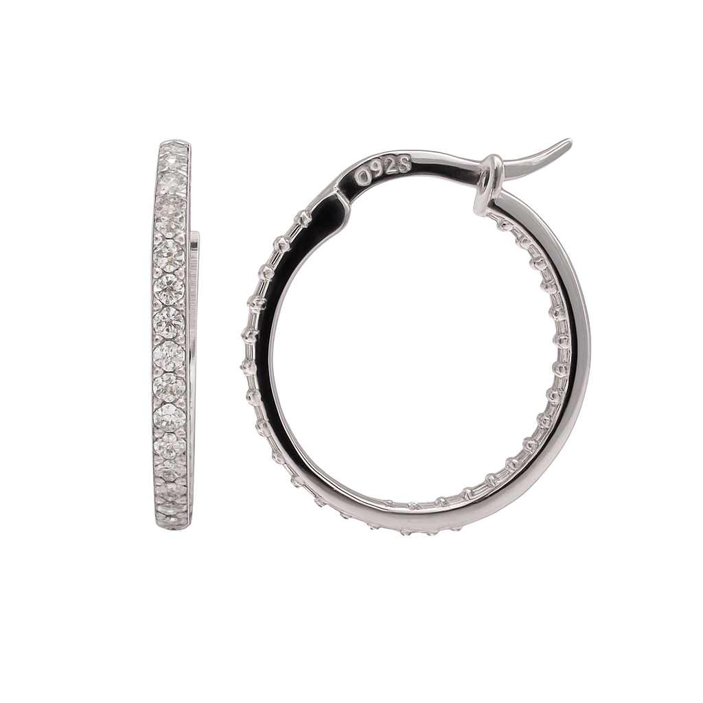 Rhodium Plated 925 Sterling Silver Moissanite Hoop Half Studded 19mm Latch Back Earring - MDGE00019
