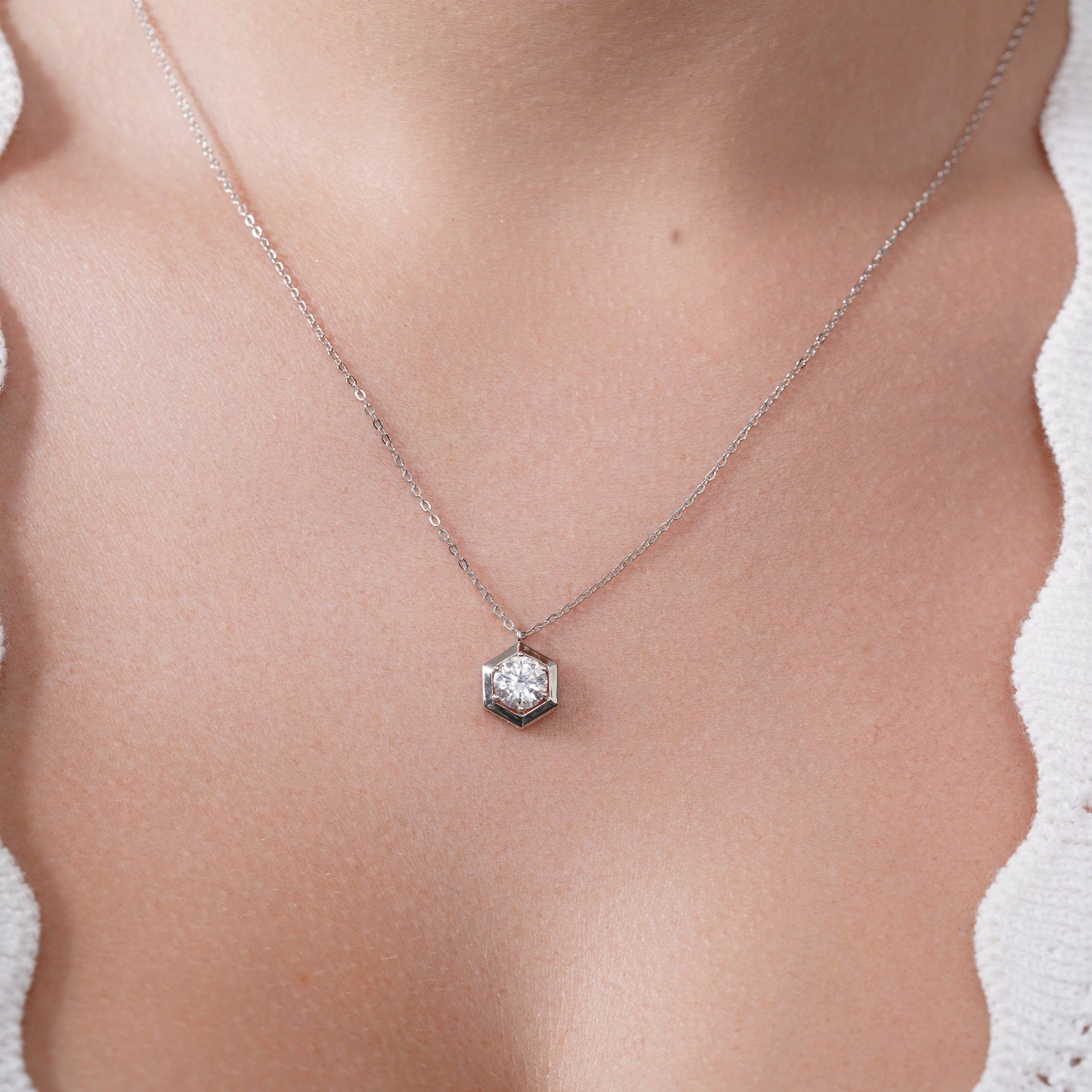 Rhodium Plated 925 Sterling Silver Round Moissanite Hexagon Frame Adjustable Pendant Necklace- MDGP00001