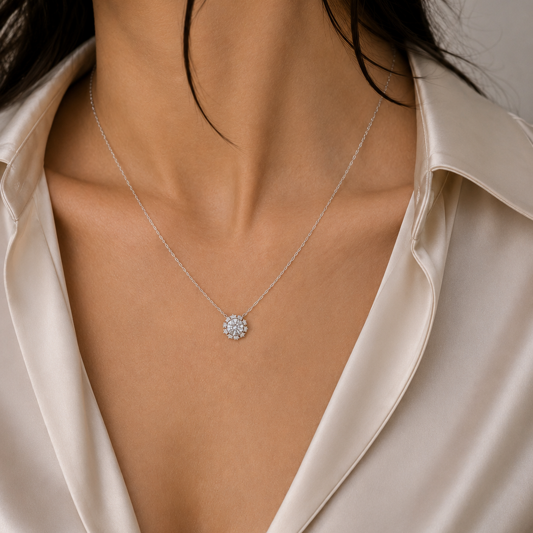 Rhodium Plated 925 Sterling Silver 1 Carat Solitaire Flower Moissanite Adjustable Pendant Necklace - MDGP00006