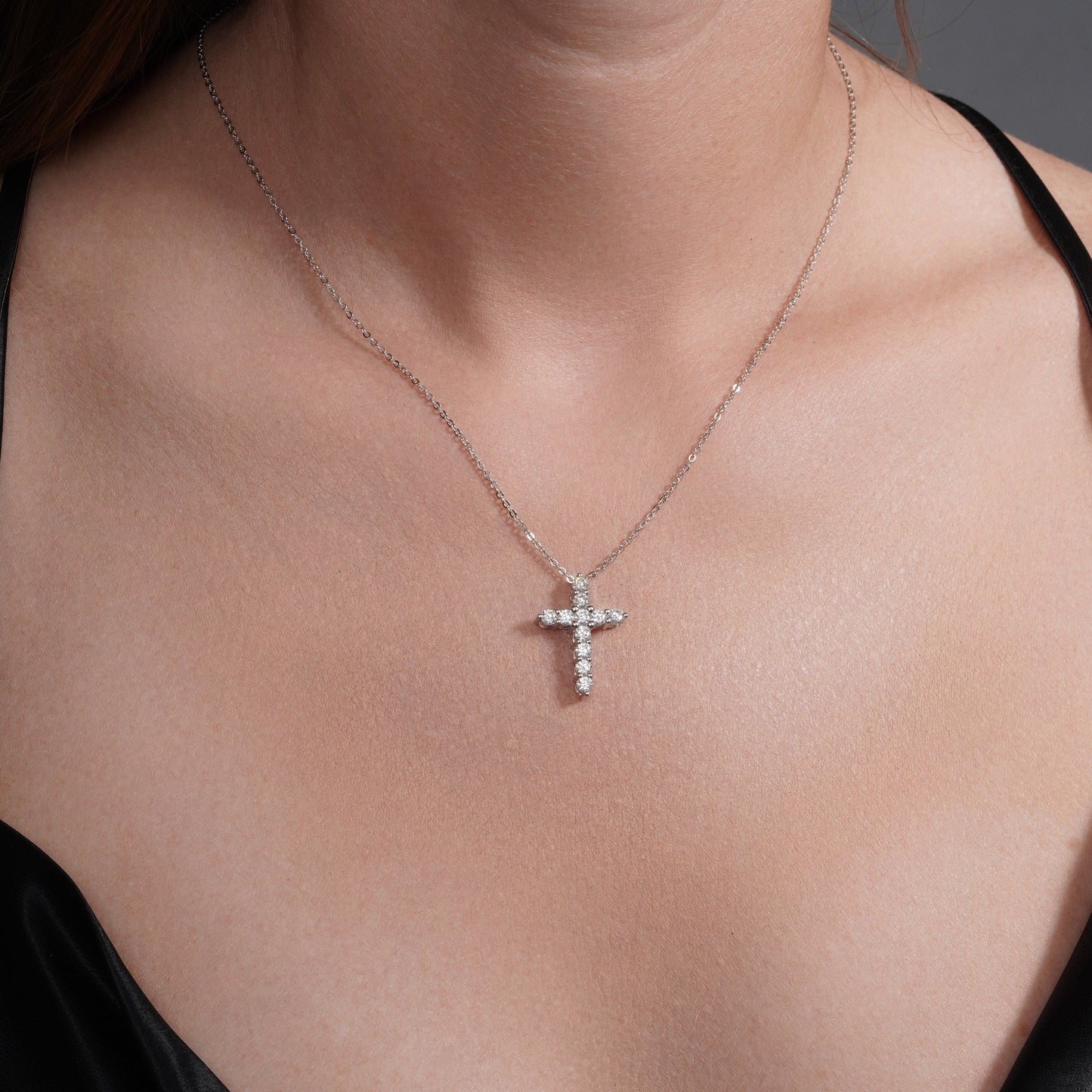 Rhodium Plated 925 Sterling Silver 17mm x 23.5mm Cross Moissanite Studded Adjustable Pendant Necklace - MDGP00004