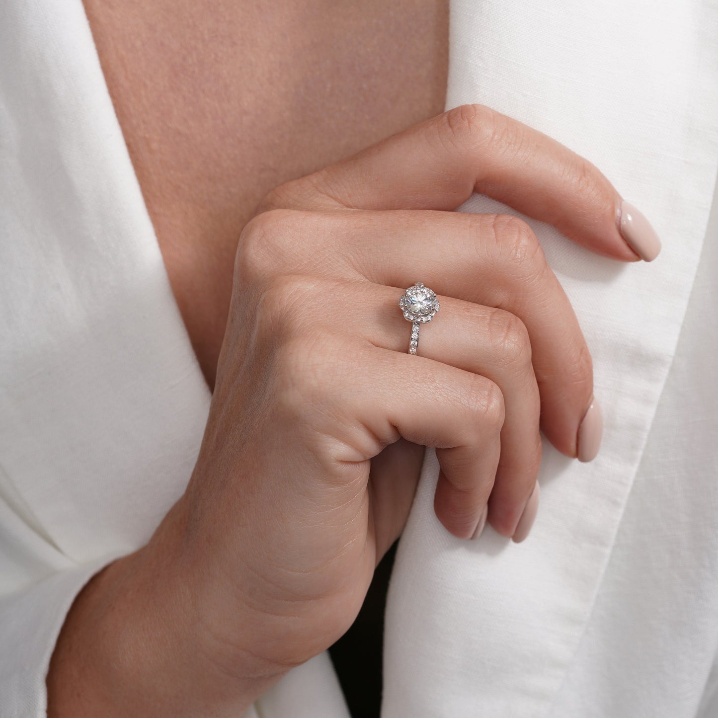 Rhodium Plated 925 Sterling Silver Floral Halo 9.2mm Moissanite Engagement Ring - MDGR00001