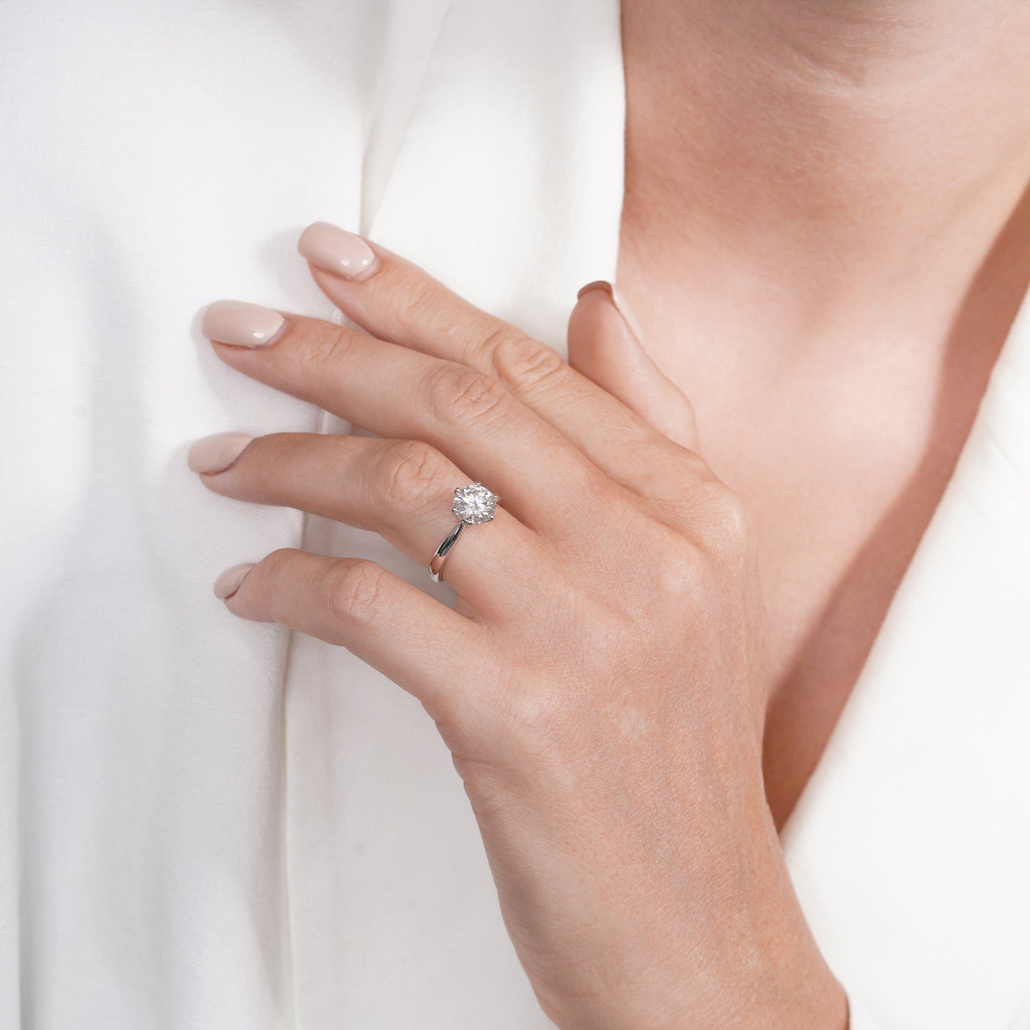 Rhodium Plated 925 Sterling Silver Moissanite Classic Solitaire 9.5mm Engagement Ring - MDGR00003