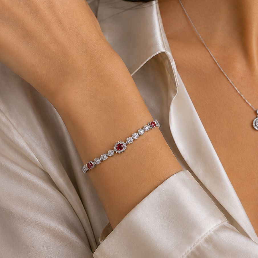 Rhodium Plated 925 Sterling Silver Moissanite Halo Tennis Bracelet - MGMB00125