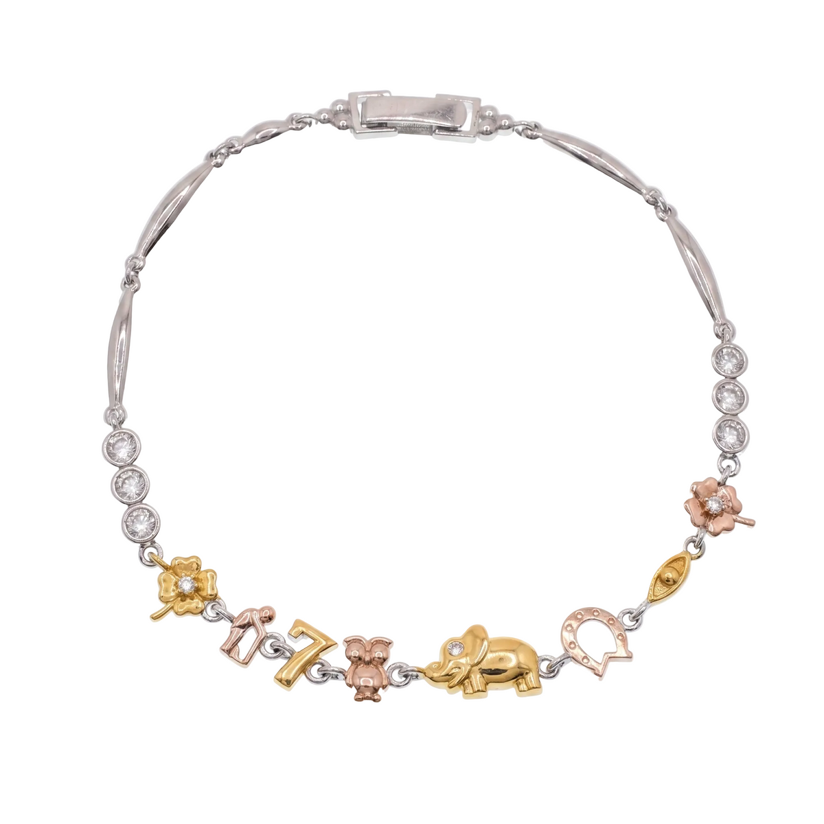 Rhodium Plated 925 Sterling Silver Moissanite Good Luck Multi-Charm Bracelet - MGMB00126