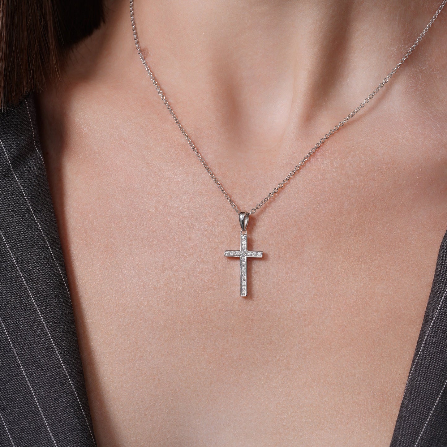 Rhodium Plated 925 Sterling Silver Moissanite Cross 13.3mm x 21.7mm Pendant - MGMN00021