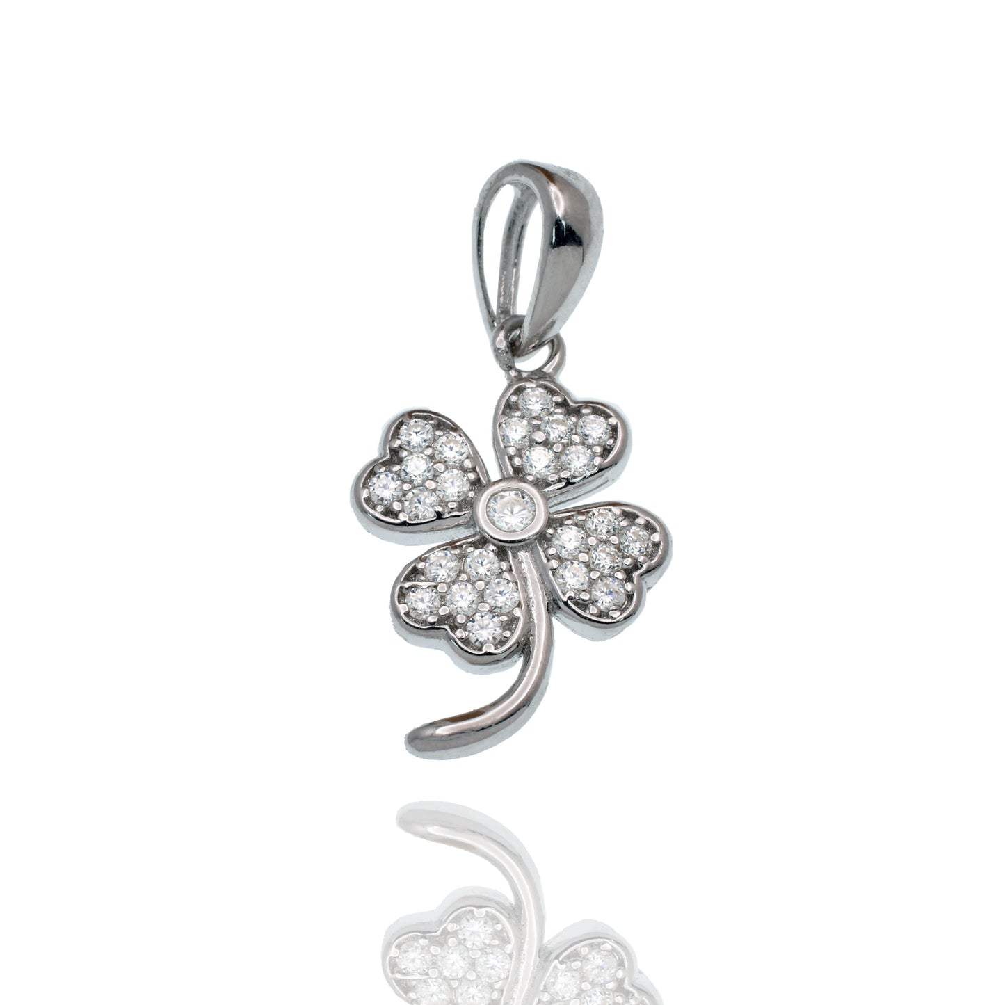 Rhodium Plated 925 Sterling Silver Moissanite Four Leaf Clover 9.6mm x 15mm Pendant - MGMN00024