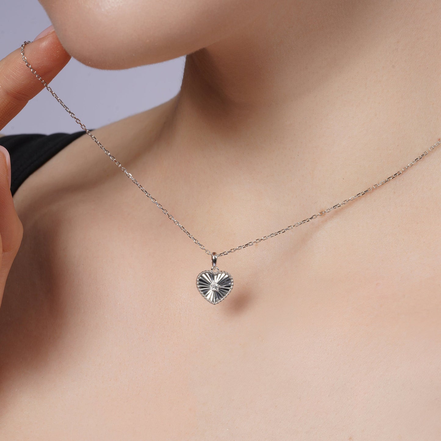 Rhodium Plated 925 Sterling Silver Flutted Heart Moissanite Pendant Necklace - MGMN00027