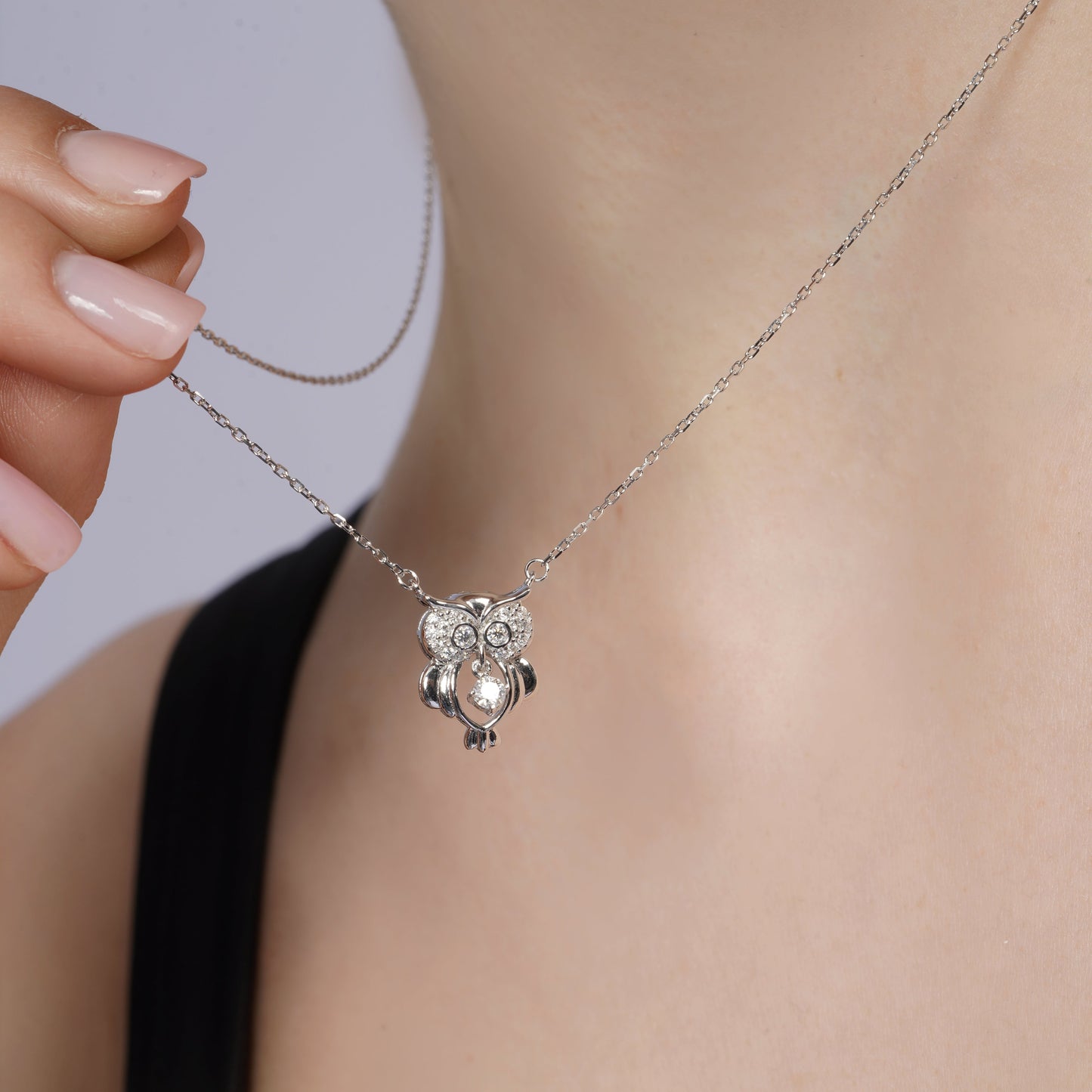 Rhodium Plated 925 Sterling Silver Dancing Moissanite Owl Pendant Necklace - MGMN00028