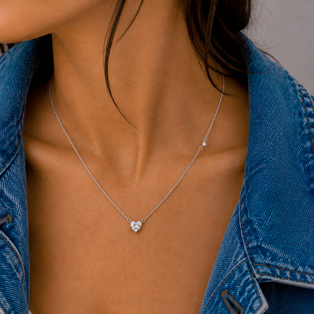 Rhodium Plated 925 Sterling Silver Moissanite Stone Heart with Side Stone Accent Necklace - MGMN00029