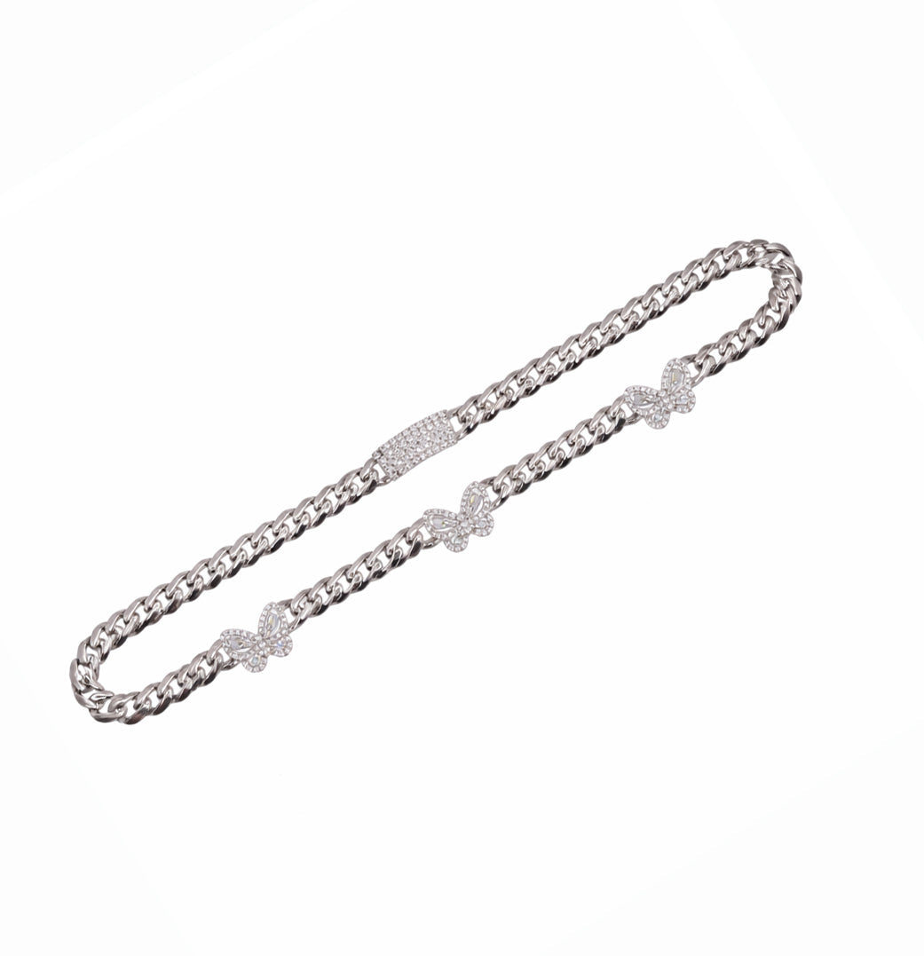 Rhodium Plated 925 Sterling Silver Moissanite Stone Multi Butterfly Cuban Link Necklace - MGMN00012-17