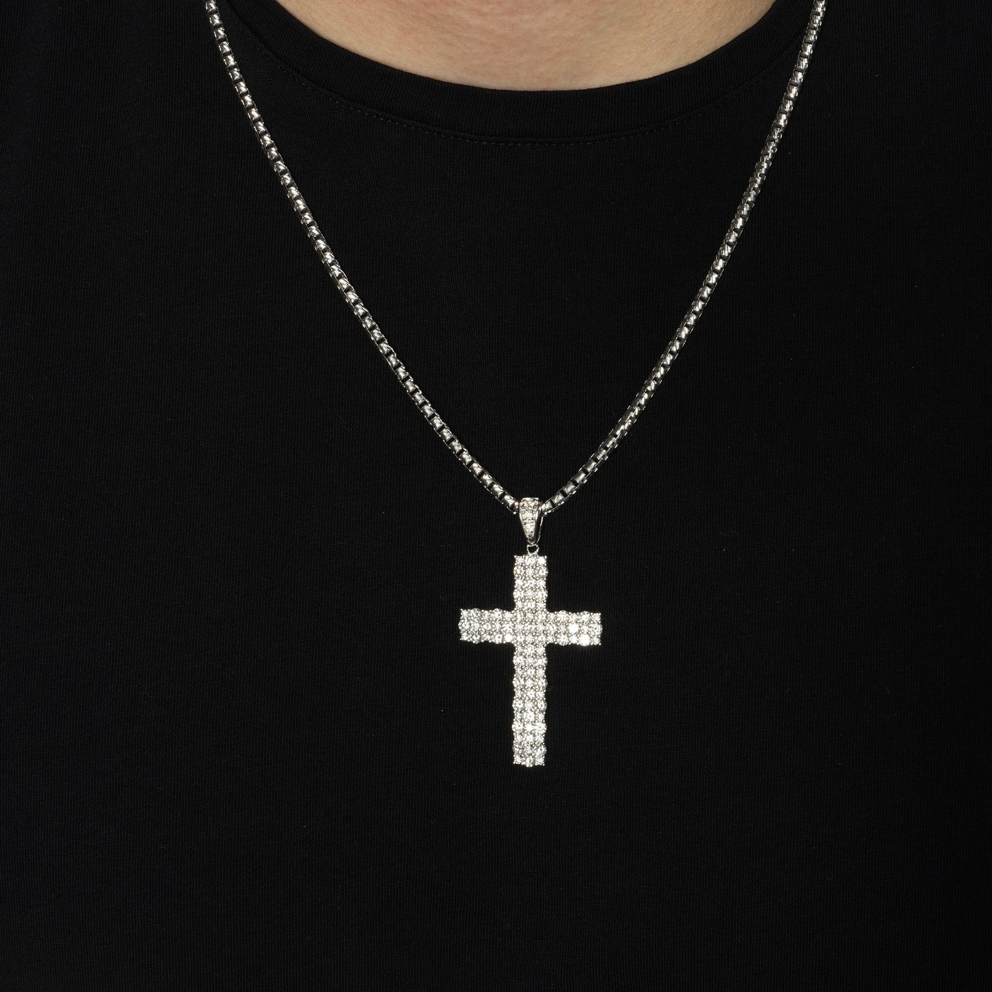 Rhodium Plated 925 Sterling Silver Moissanite Iced Out Cross Pendant - MGMP00008