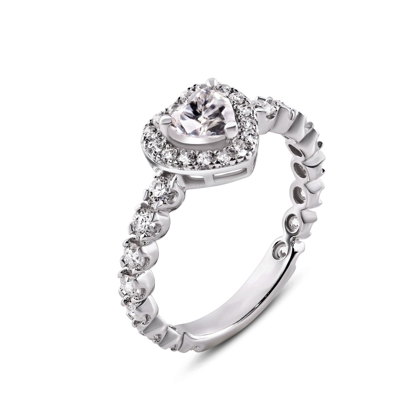 Rhodium Plated 925 Sterling Silver Moissanite Stone Heart Ring - MGMR00008