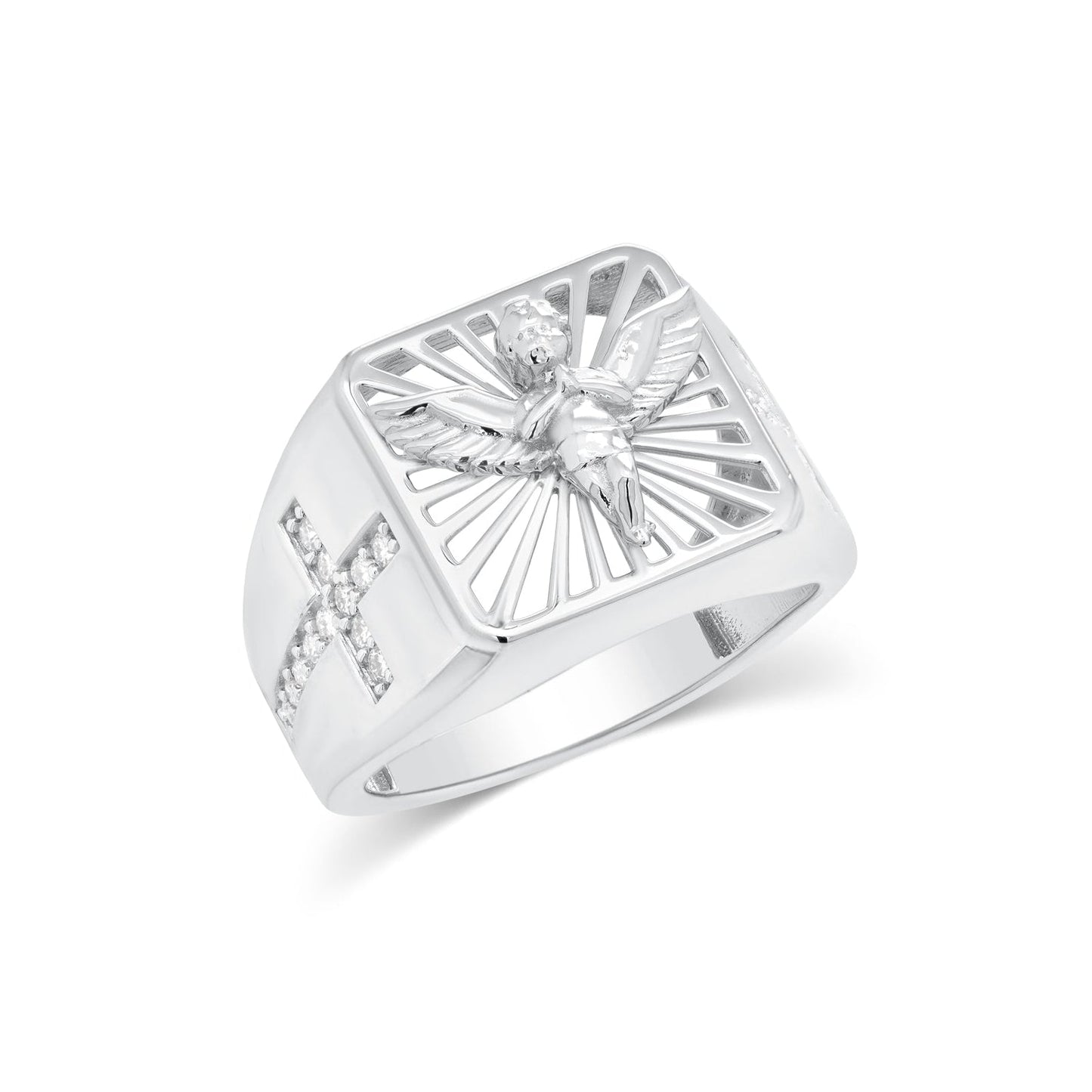 Rhodium Plated 925 Sterling Silver Men's Moissanite Angel Radiant Signet Cross Accent Ring - MGMR00048