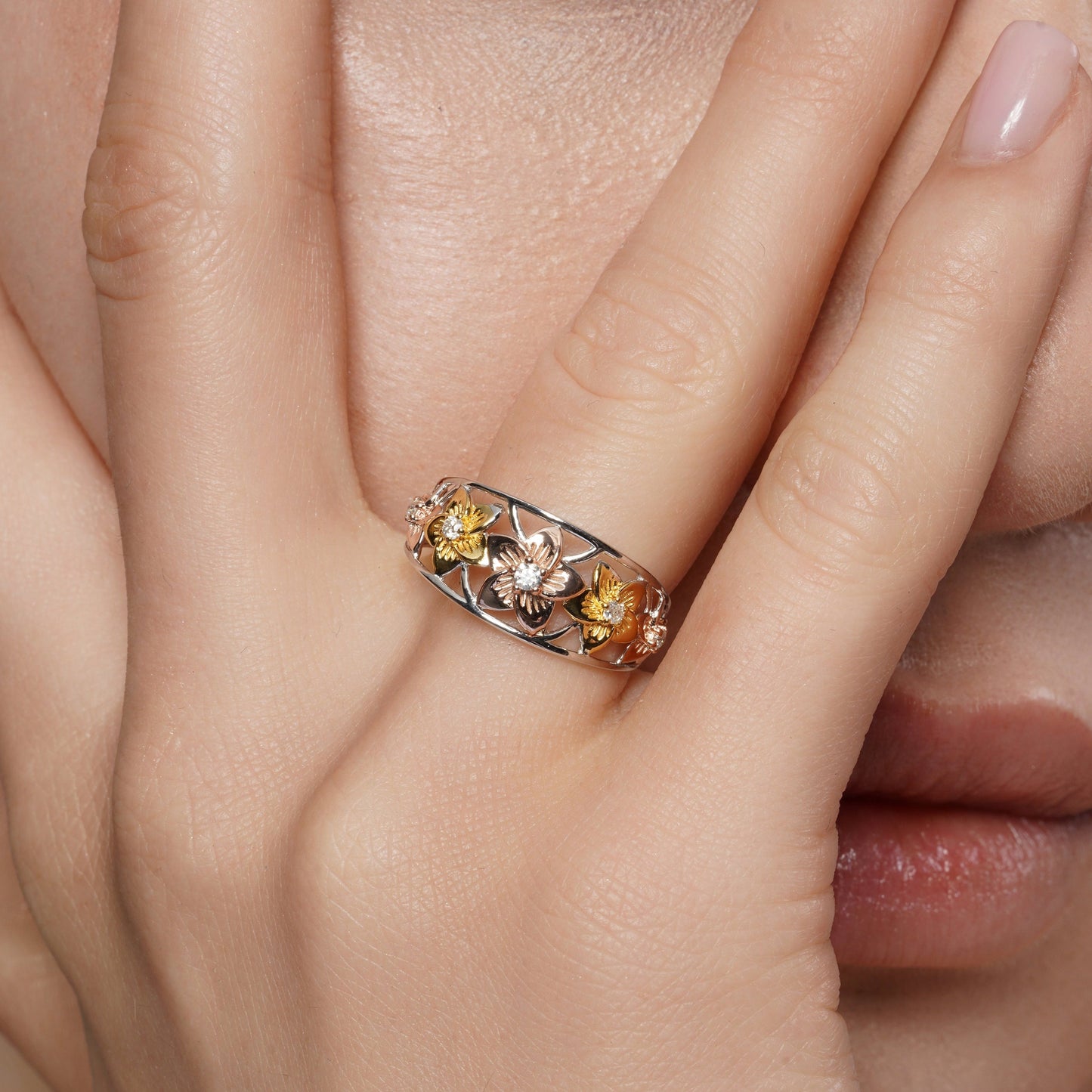 Three-Tone Plated 925 Sterling Silver Moissanite Floral Ring - MGMR00070