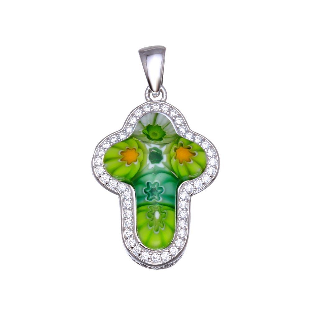 Sterling Silver 925 Rhodium Plated Green Murano Glass Cross CZ Pendant - MP00001GRN | Silver Palace Inc.