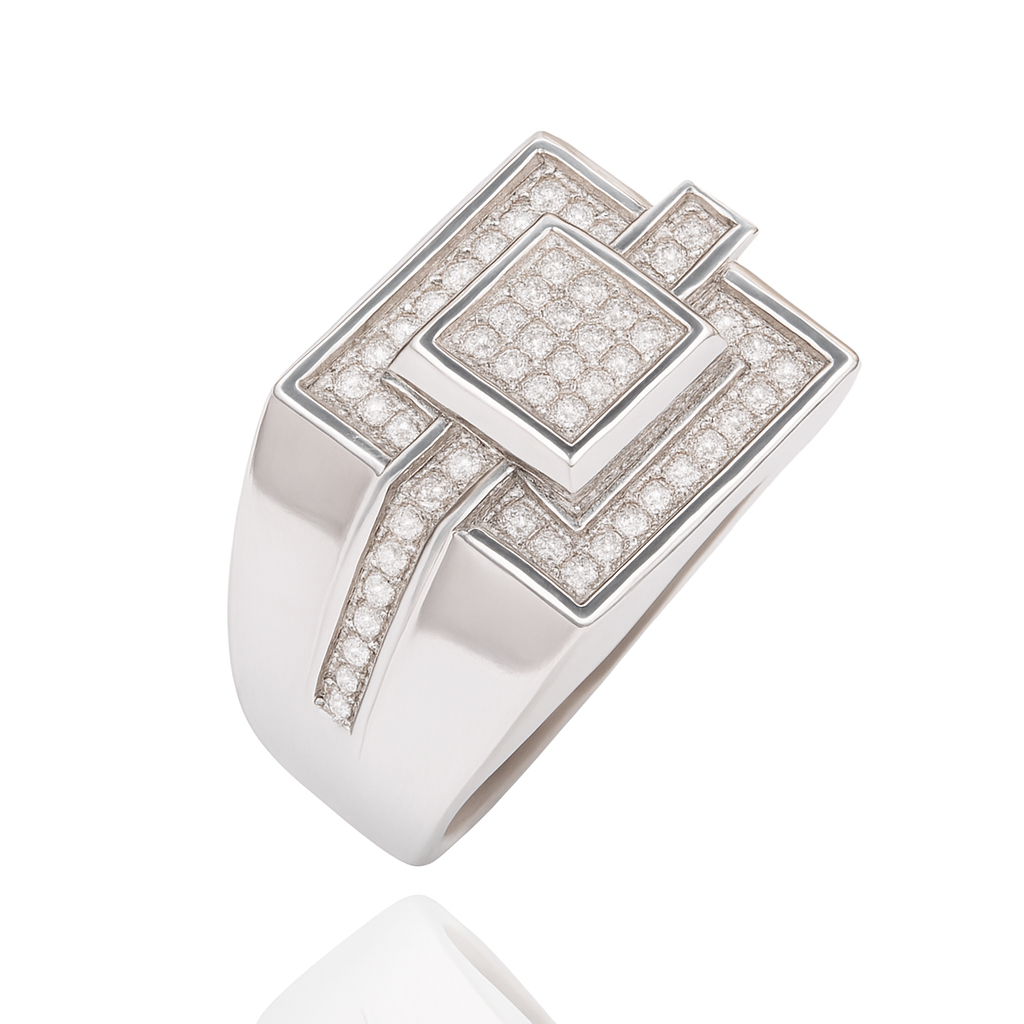 Rhodium Plated 925 Sterling Silver Square Top Moissanite Pave Men's Statement Ring - MGMR00035