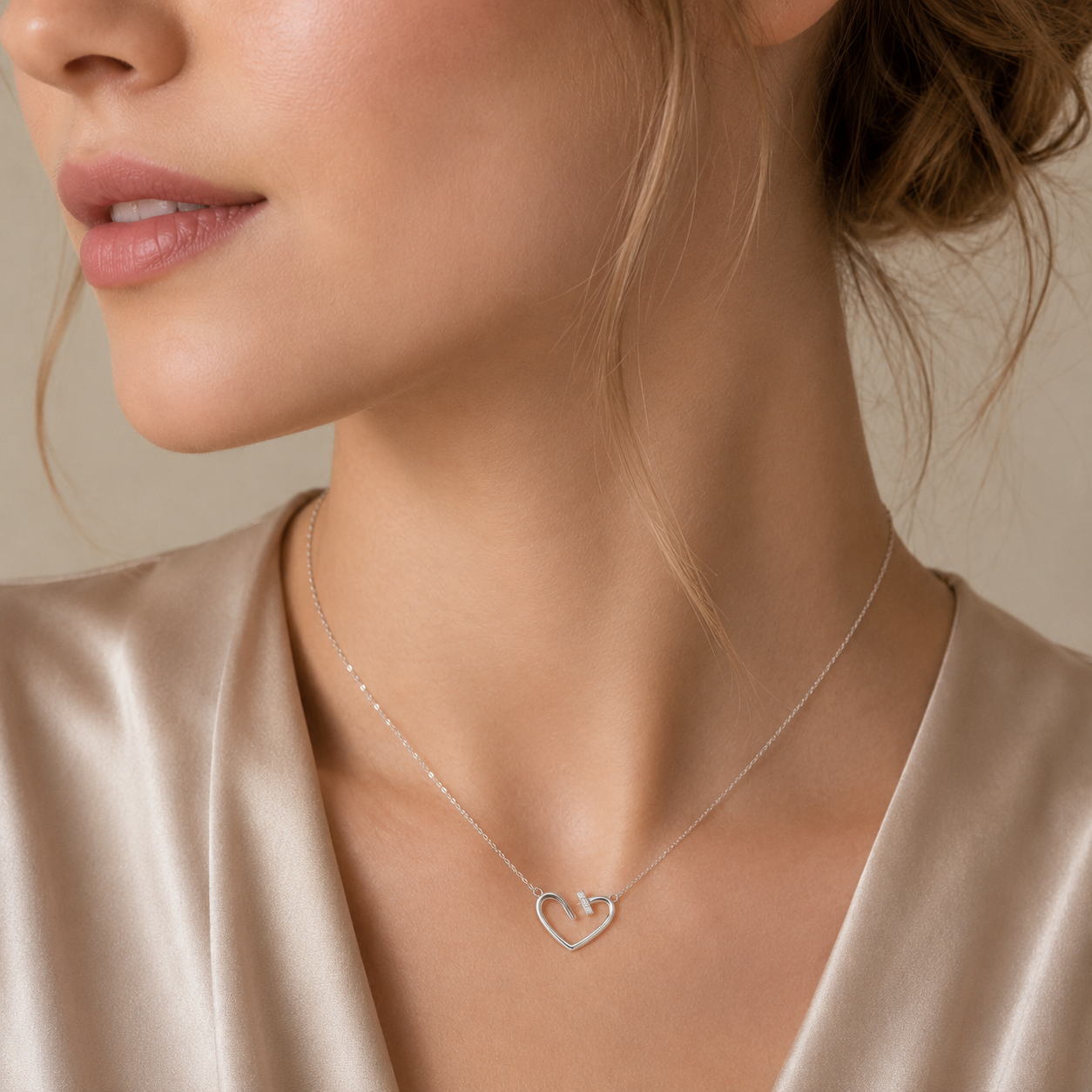 Rhodium Plated 925 Sterling Silver Moissanite Open Heart Necklace - MTGN00013