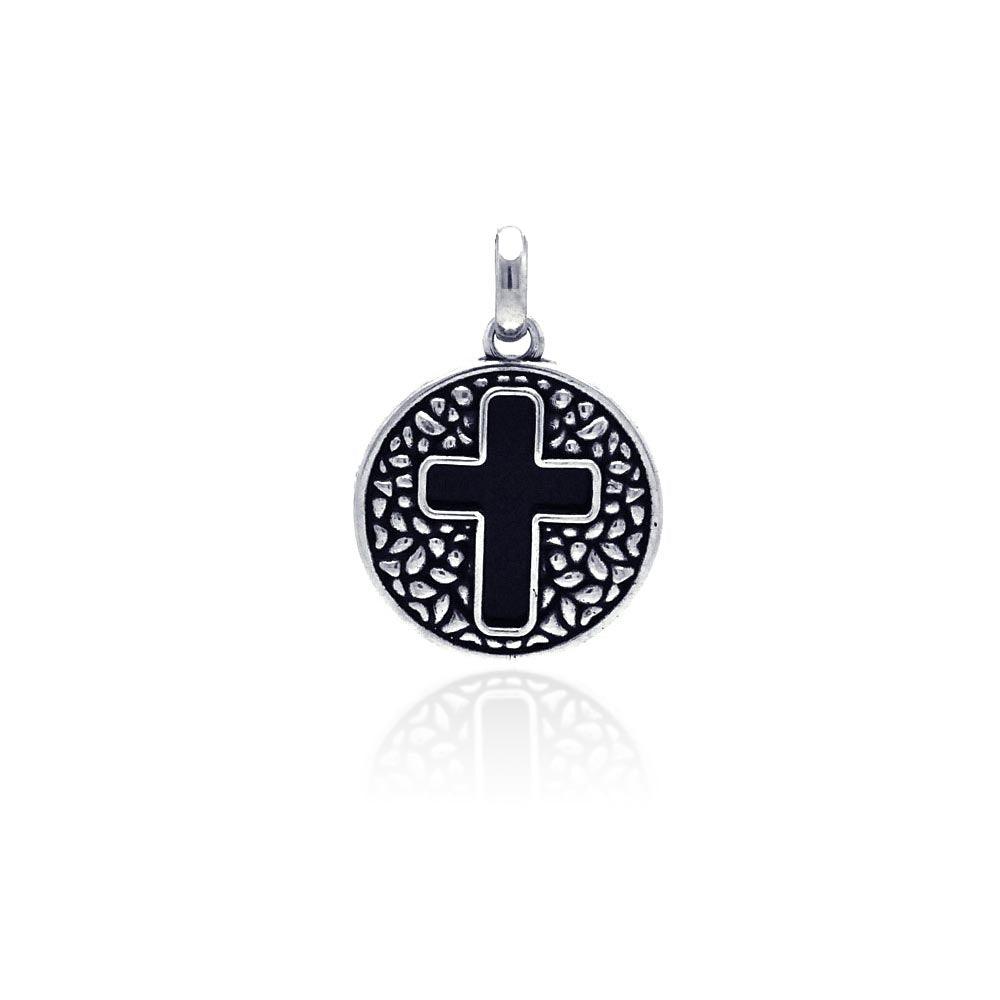 Silver 925 Oxidized Disc Black Stone Cross Pendant - OXP00005 | Silver Palace Inc.