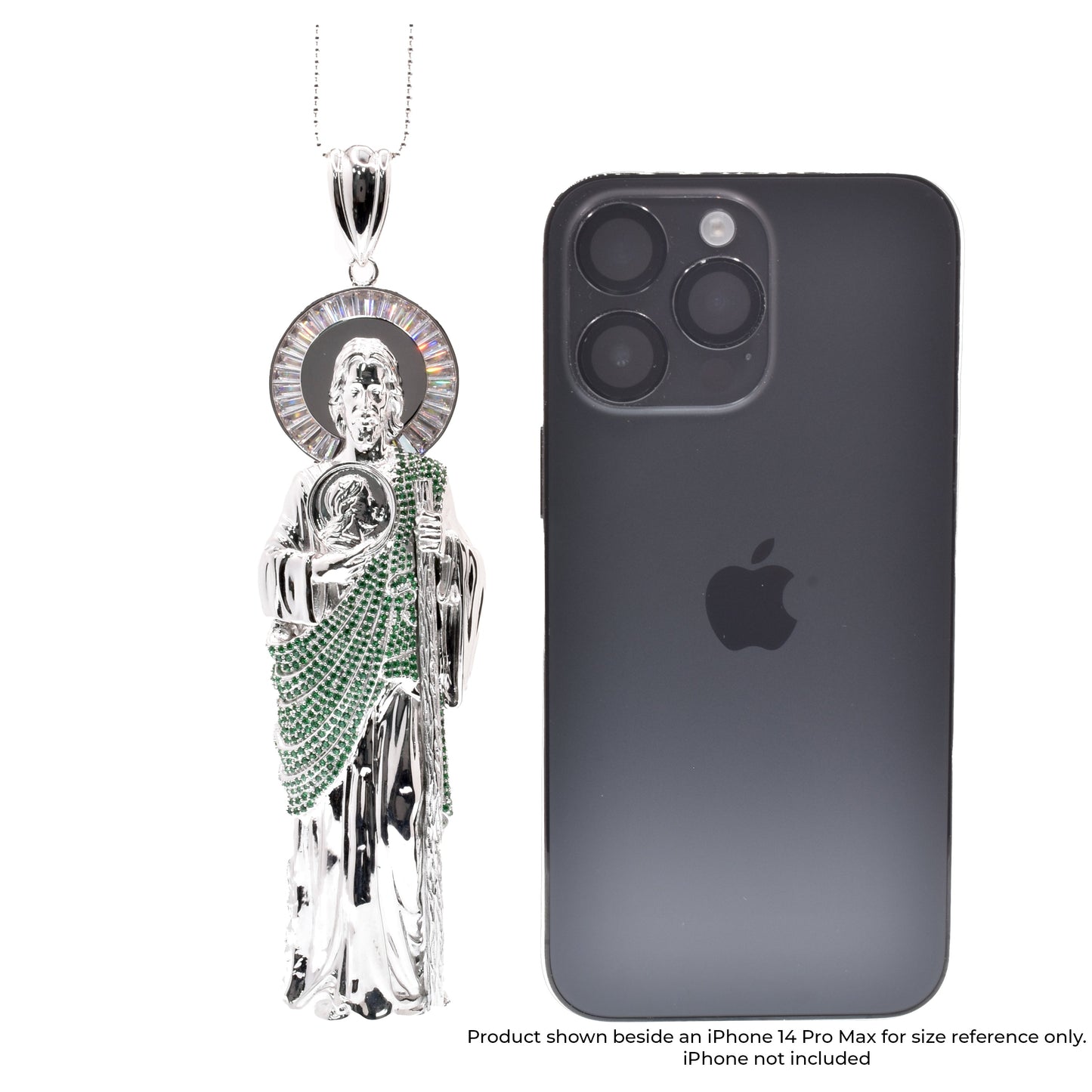 Rhodium Plated 925 Sterling Silver Saint Jude Clear Baguette and Green Round CZ 43.5mm x 139.2mm Pendant - GMP00192