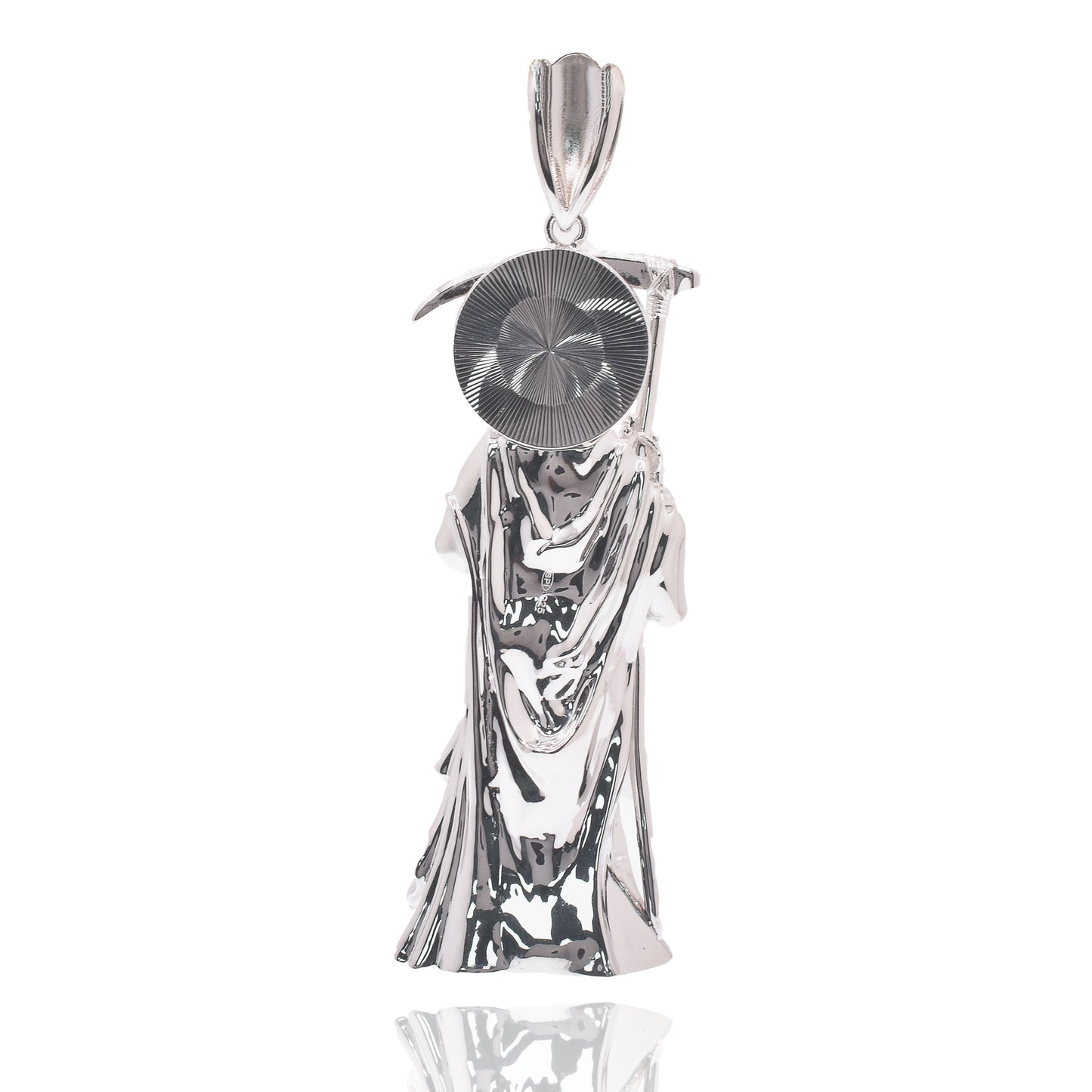 Rhodium Plated 925 Sterling Silver Santa Muerte Baguette Clear CZ 32mm x 100mm Pendant - GMP00194