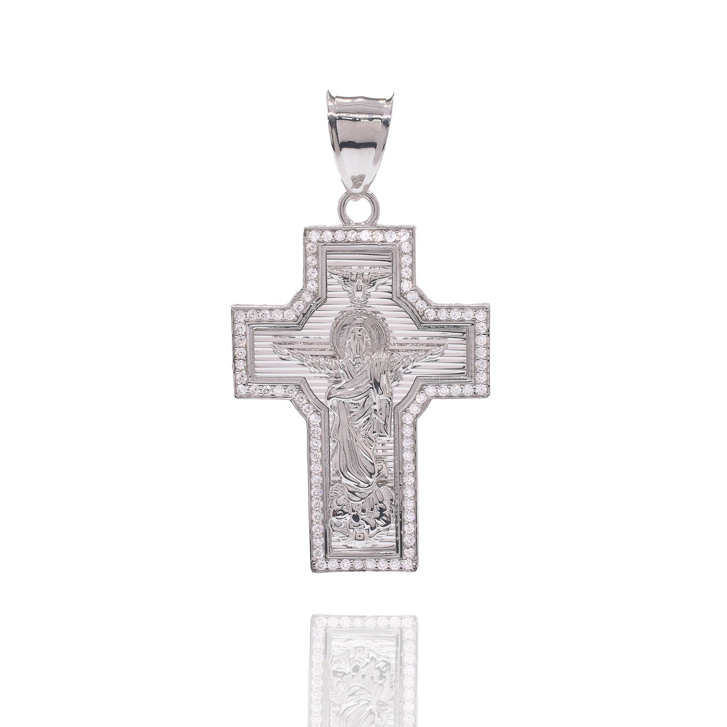 Rhodium Plated 925 Sterling Silver Saint Jude Diamond Cut Cross Clear CZ 30mm x 41mm Pendant - GMP00200
