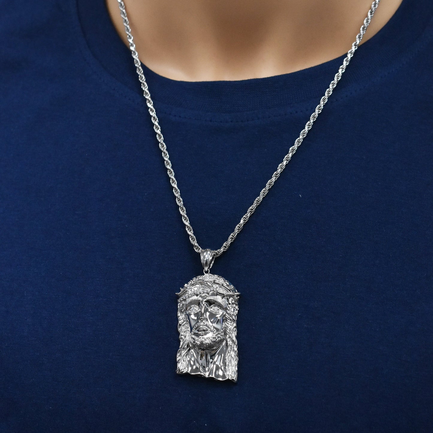 Rhodium Plated 925 Sterling Silver Jesus Christ Clear CZ Eyes 26mm x 46mm Pendant - PAP00203