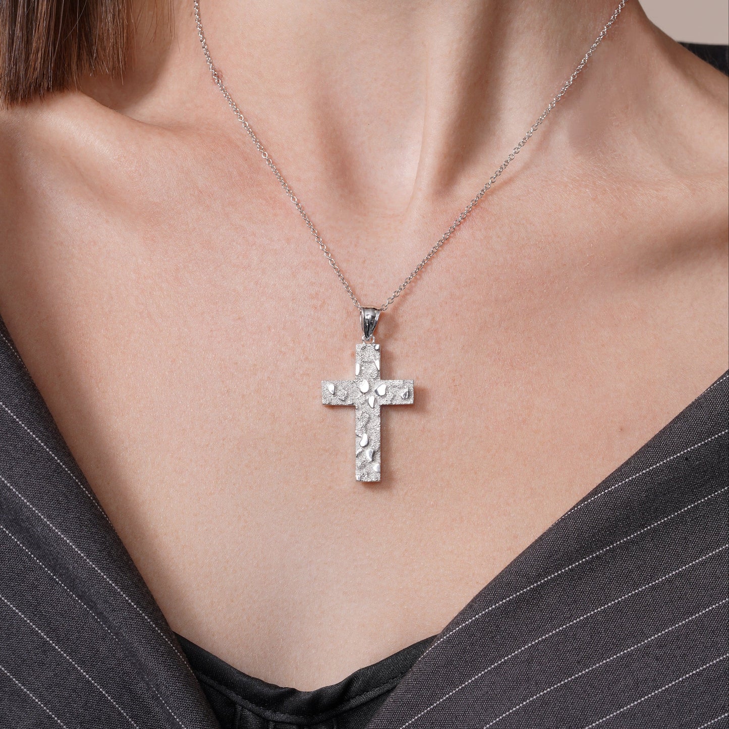 Rhodium Plated 925 Sterling Silver Nugget Cross 23.5mm x 35.3mm Pendant - GMP00208