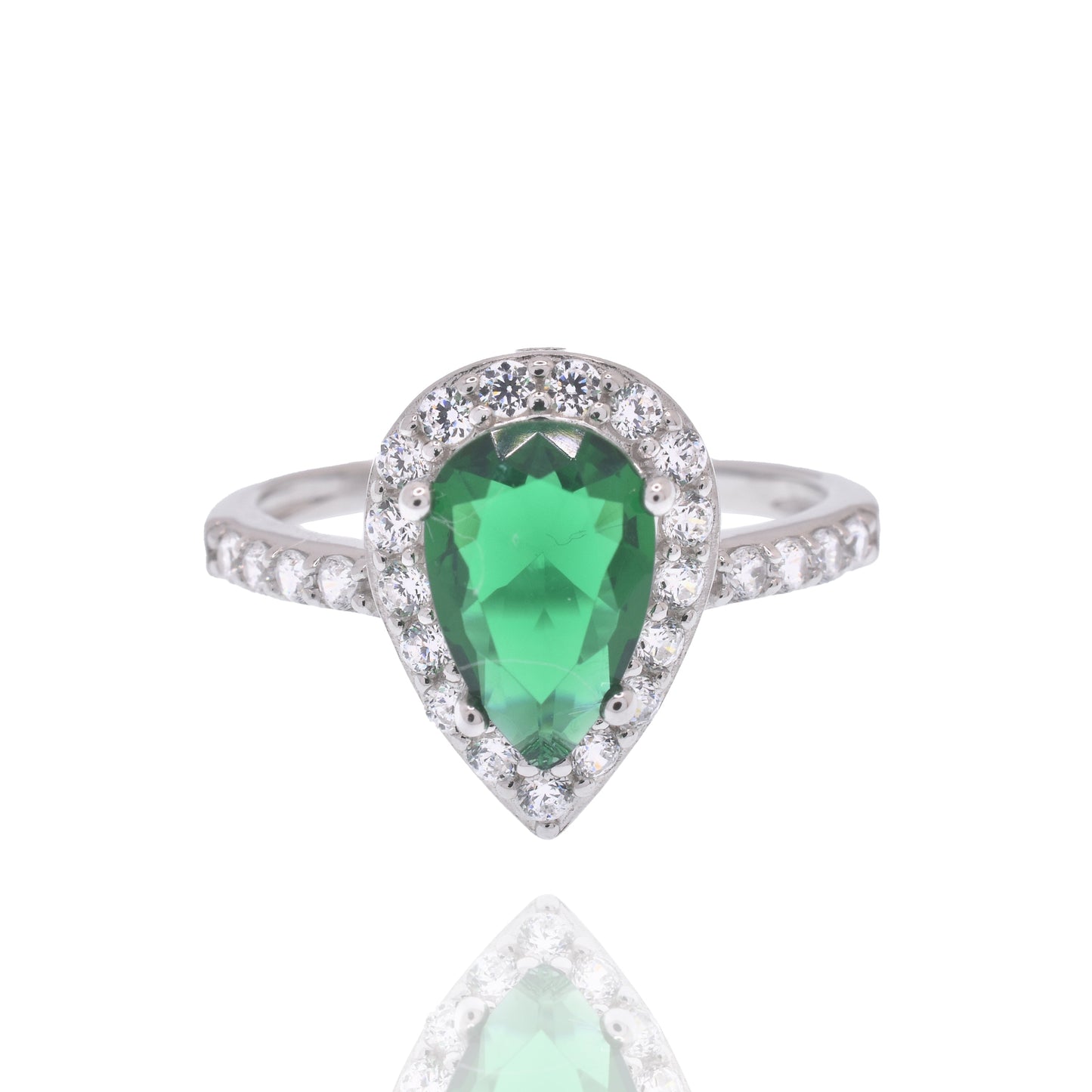 Rhodium Plated 925 Sterling Silver Teardrop Emerald and Clear CZ Ring - PAR00039