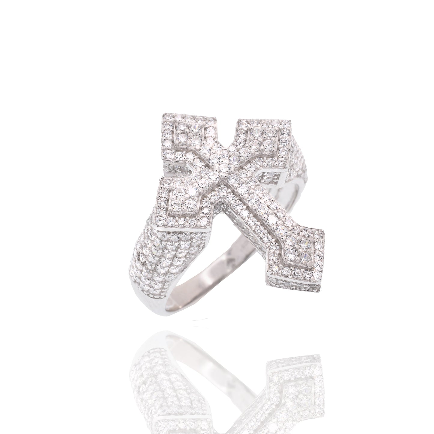 Rhodium Plated 925 Sterling Silver Men's Iced Out Cross Pave CZ Statement Ring - PAR00437
