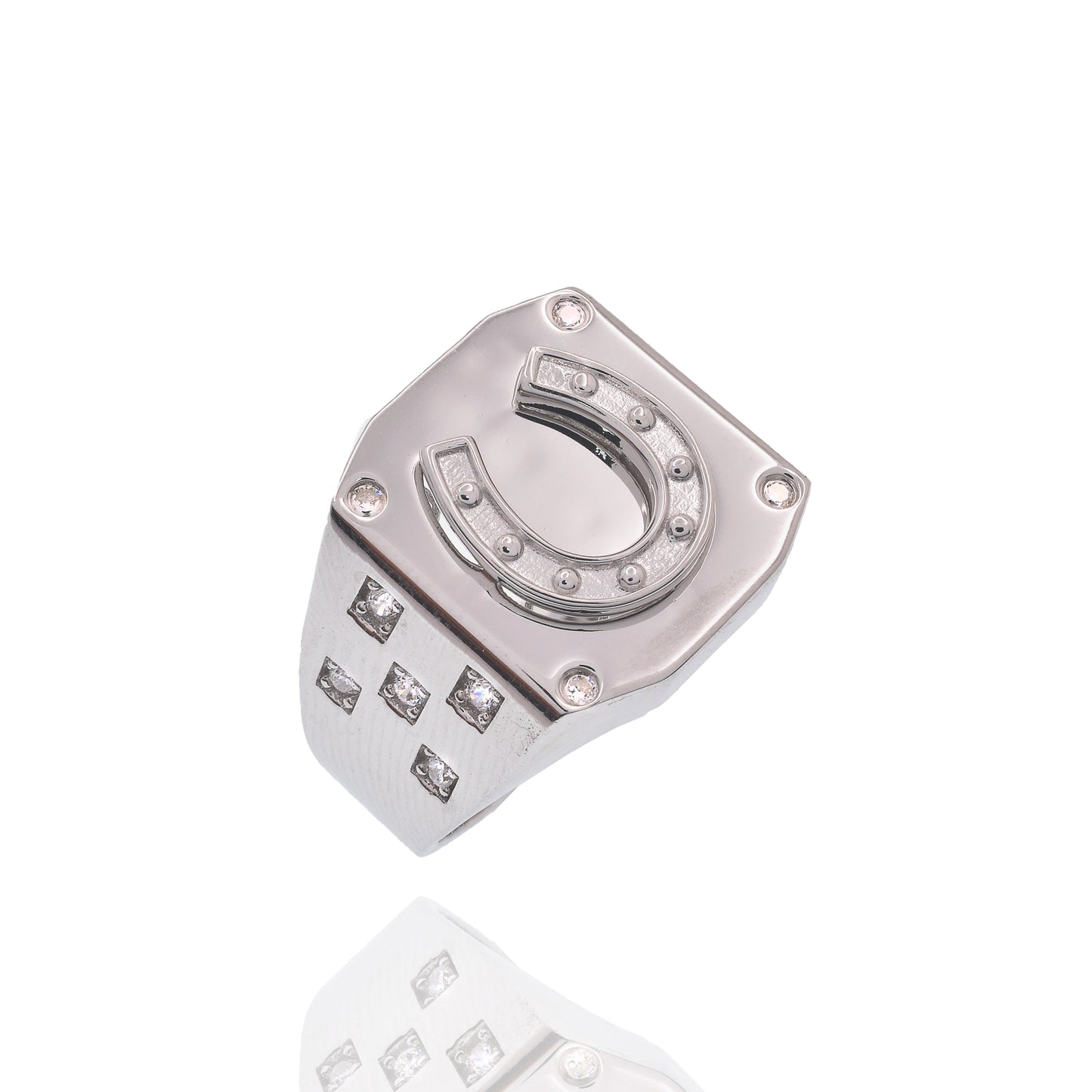 Rhodium Plated 925 Sterling Silver Men's Horseshoe Clear CZ Ring - PAR00439