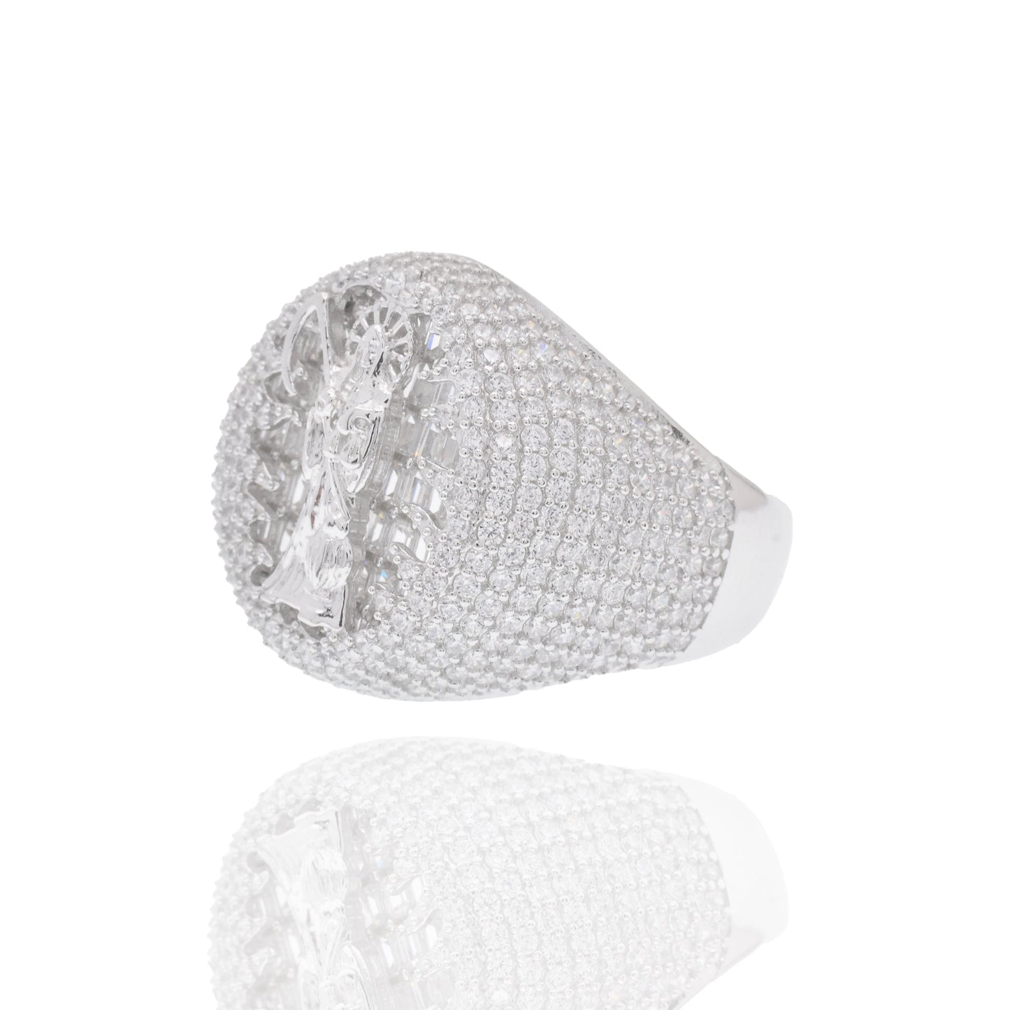 Rhodium Plated 925 Sterling Silver Iced Santa Muerte Statement Clear CZ 21.4mm Ring - GMR00440