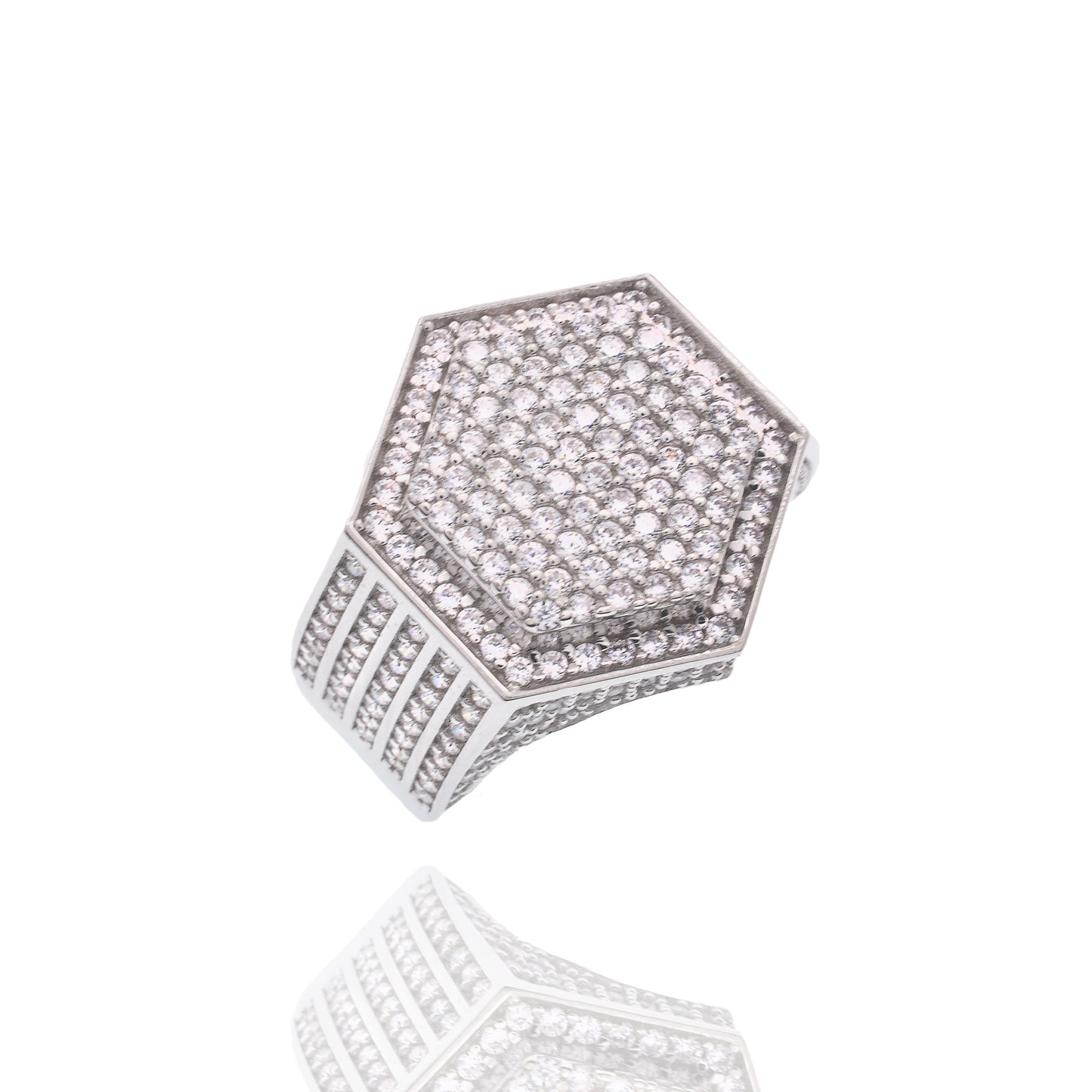 Rhodium Plated 925 Sterling Silver Men's Hexagon Iced Out Clear CZ Statement Ring - GMR00441