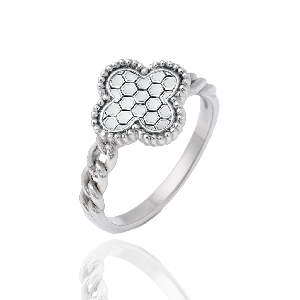 Rhodium Plated 925 Sterling Silver 8mm Clover Clear CZ Ring - PAR00445