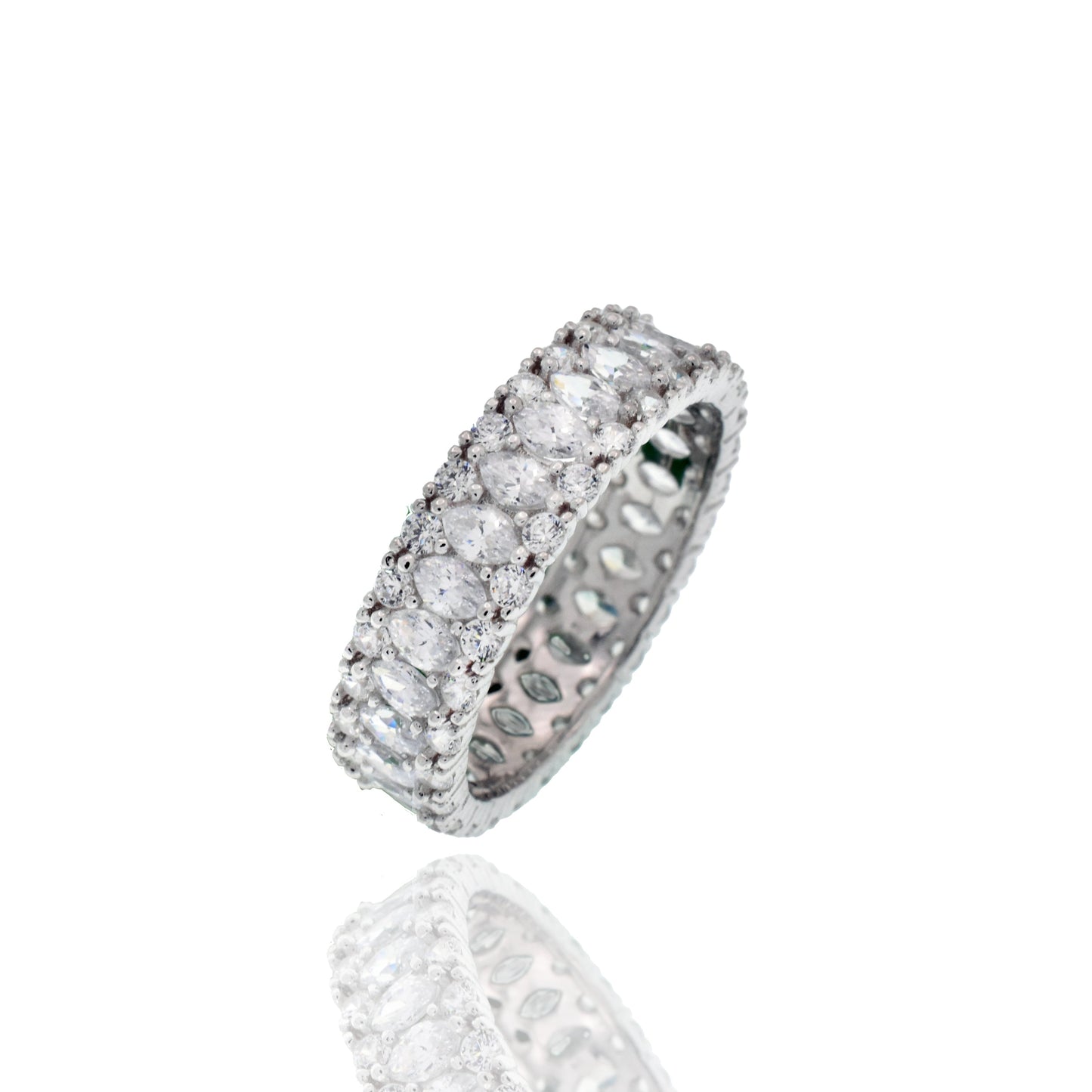 Rhodium Plated 925 Sterling Silver 5.4mm Triple Row Eternity Band Clear CZ Ring - GMR00446