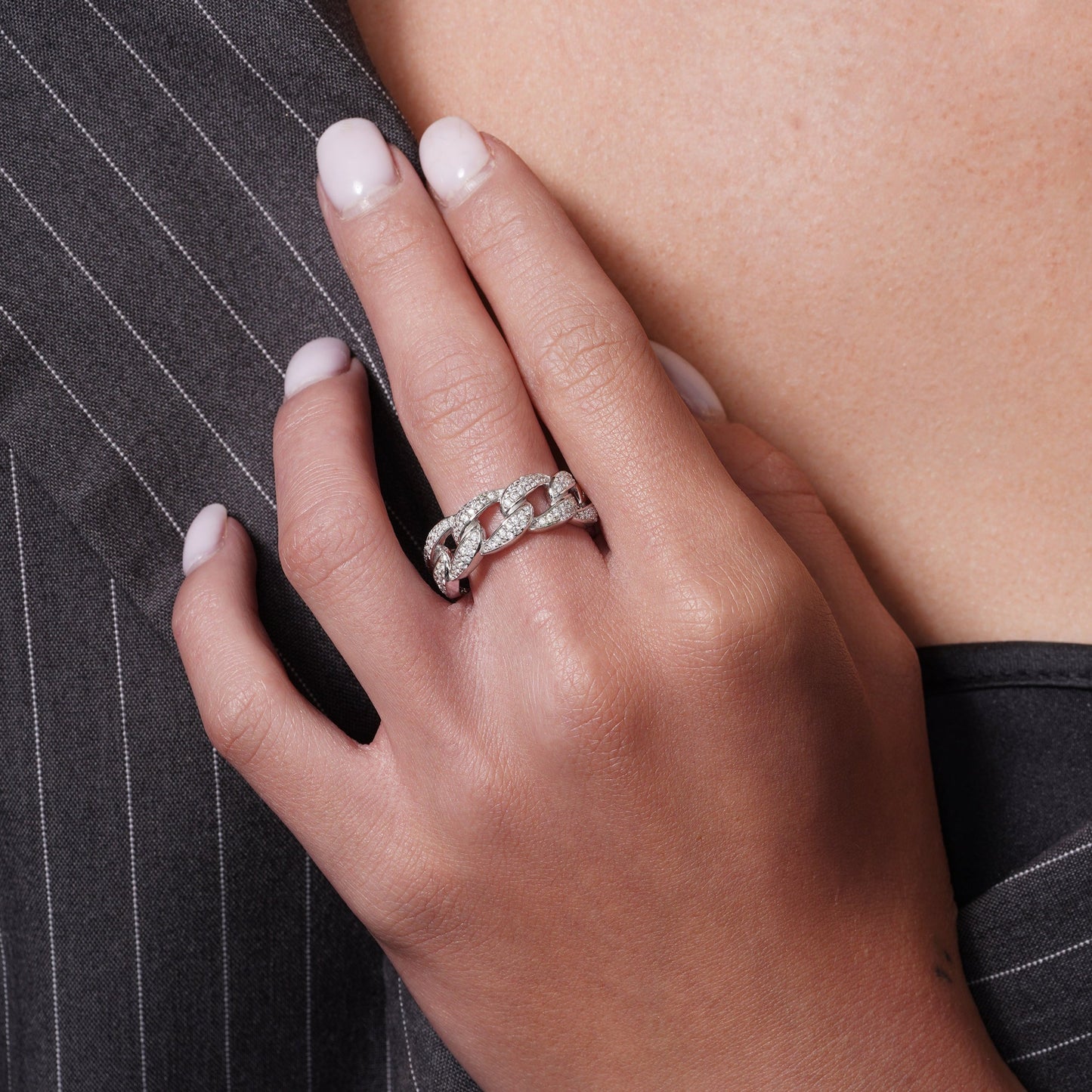 Rhodium Plated 925 Sterling Silver Iced Cuban Link Clear CZ 8.7mm Ring - PAR00449