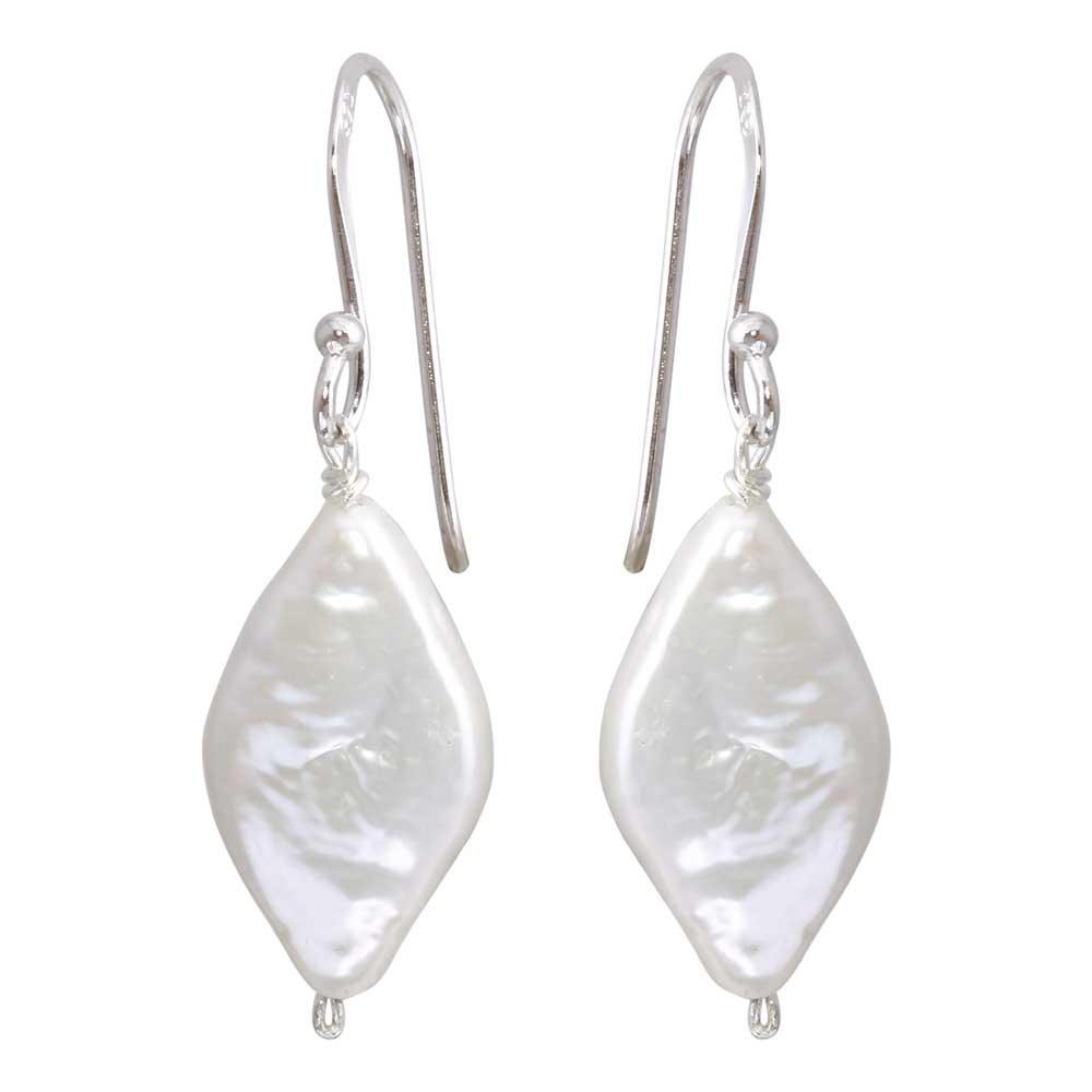 Silver 925 Rhodium Plated Fish Hook Diamond Shape Dangling Pearl Earrings - PJE00007 | Silver Palace Inc.