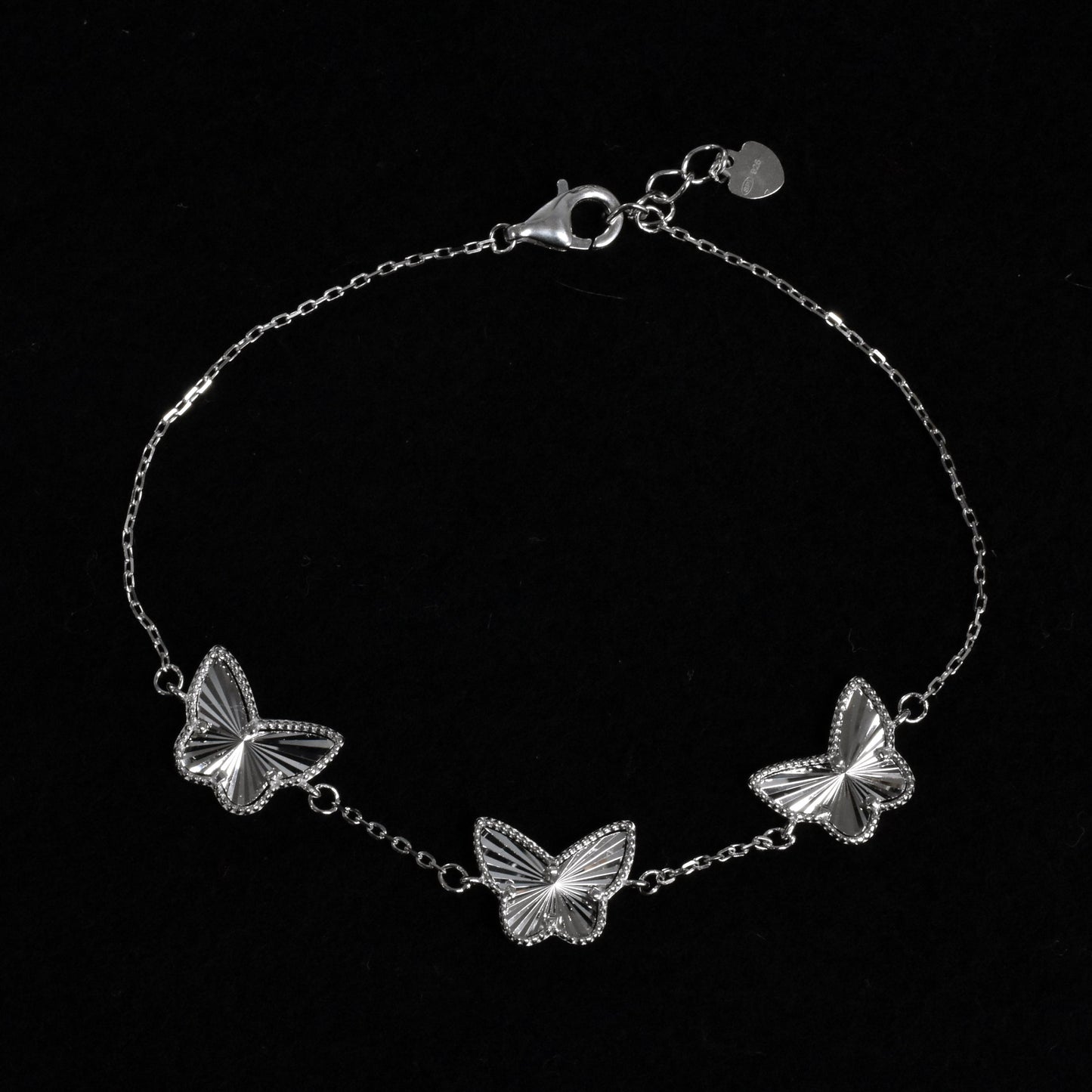 Rhodium Plated 925 Sterling Silver Diamond Cut Three Butterfly Charm 12mm x 9.5mm Adjustable Bracelet - PXB00001