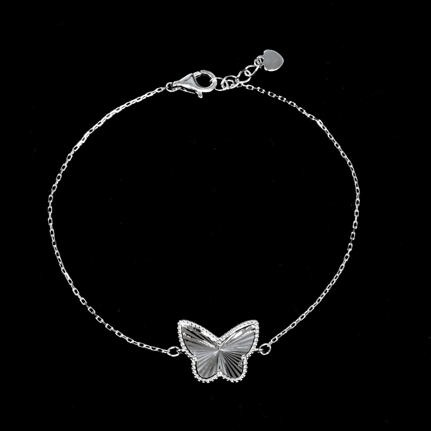 Rhodium Plated 925 Sterling Silver Diamond Cut Butterfly Charm 15.3mm x 12mm Adjustable Bracelet - PXB00002