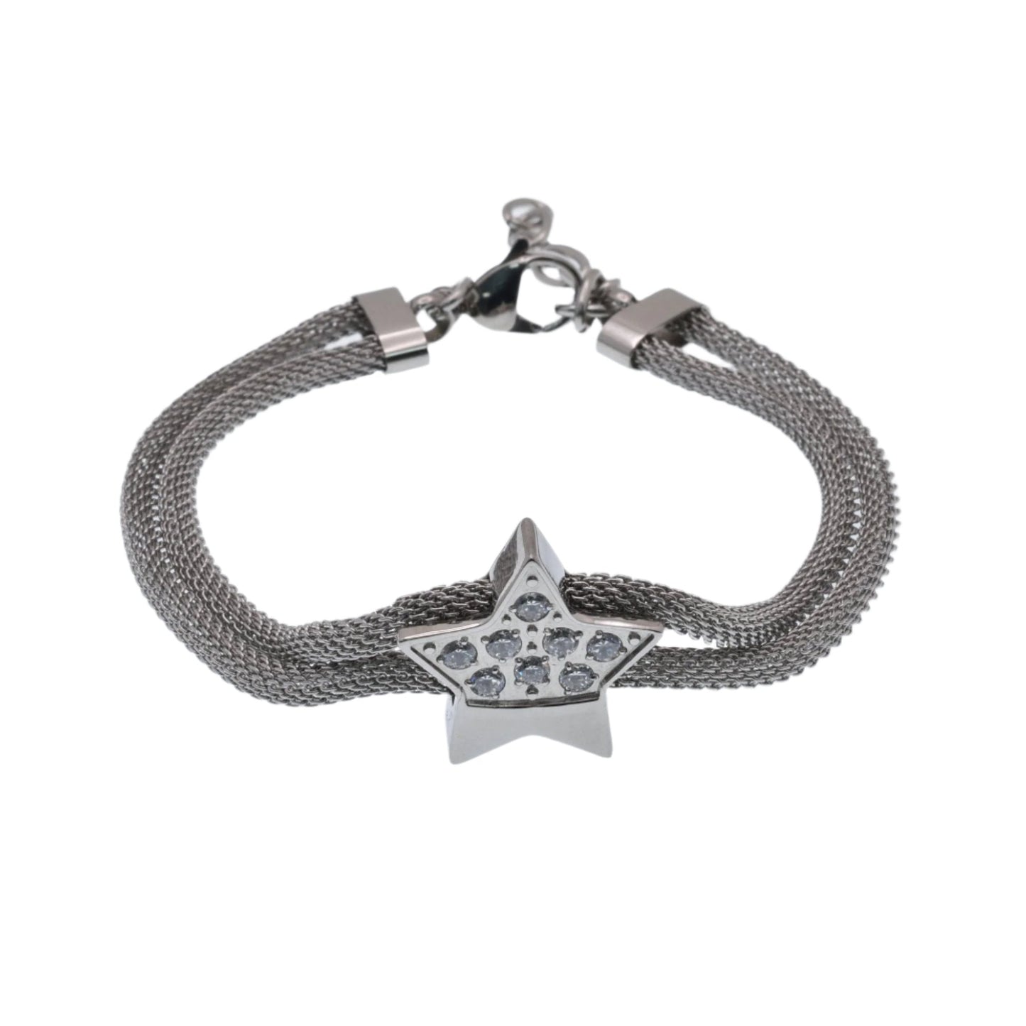 Stainless Steel Dual Strand Mesh Star Clear CZ Adjustable Bracelet - SBB00066